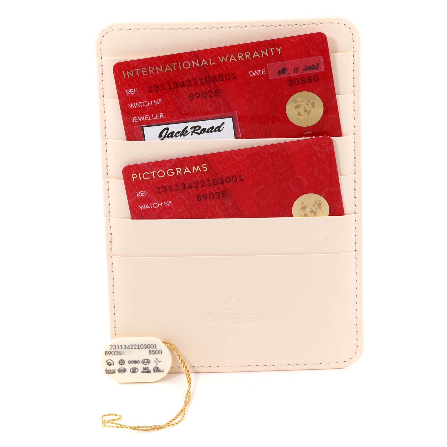 The image shows the warranty cards and tag for the Omega Aqua Terra 231.13.42.21.03.001 Men
s Stainless Steel Blue Dial 231.13.42.21.03.001 Men
s Stainless Steel Blue Dial model placed in a light-colored cardholder.