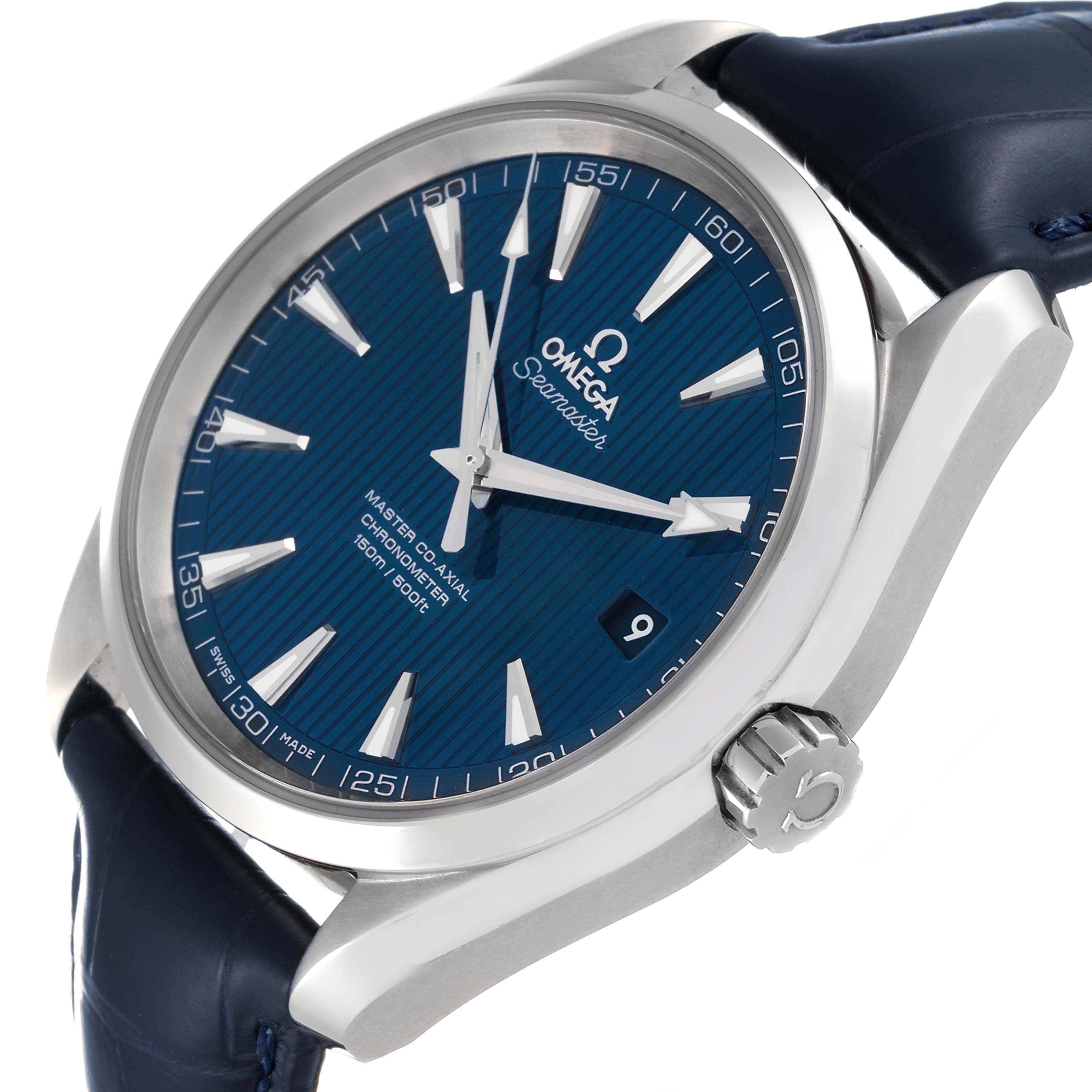 The image shows a close-up angled view of the Omega Aqua Terra 231.13.42.21.03.001 Men
s Stainless Steel Blue Dial 231.13.42.21.03.001 Men
s Stainless Steel Blue Dial watch, highlighting its blue dial, crown, and part of the strap.