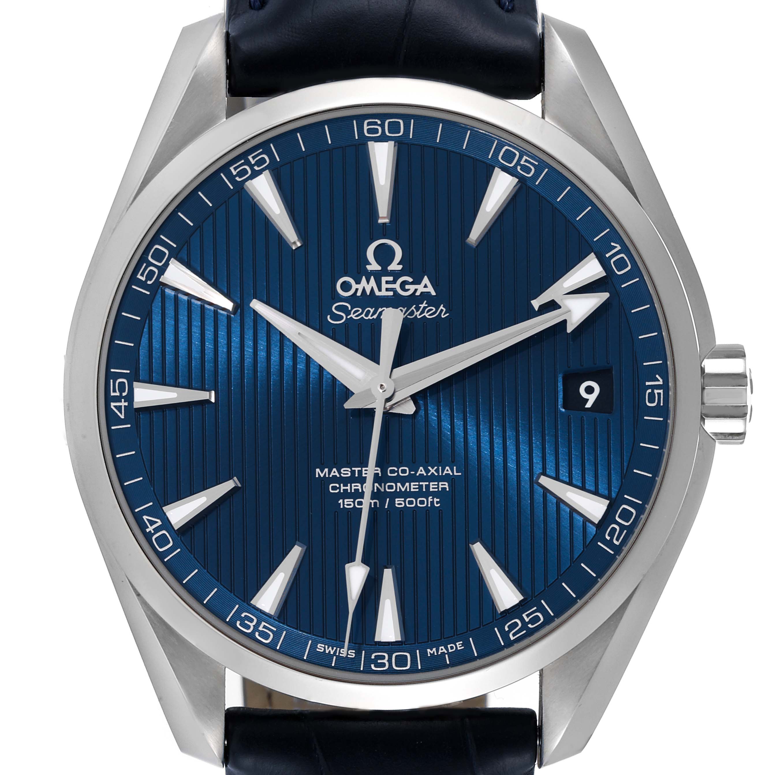 This Omega Aqua Terra 231.13.42.21.03.001 Men
s Stainless Steel Blue Dial 231.13.42.21.03.001 Men
s Stainless Steel Blue Dial model watch is shown from the front, featuring the dial, hands, crown, and part of the strap.