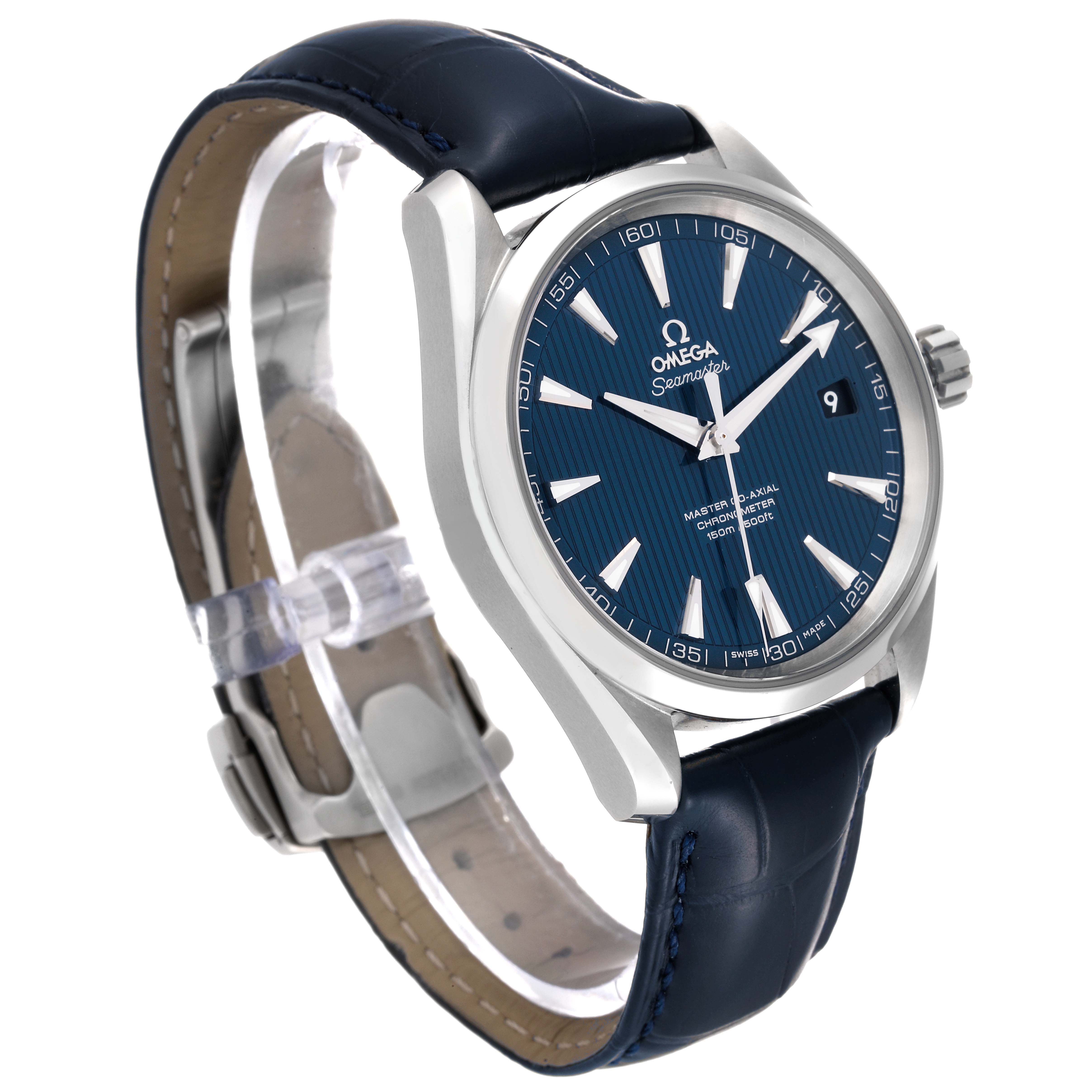 The image shows a side angle view of the Omega Aqua Terra 231.13.42.21.03.001 Men
s Stainless Steel Blue Dial 231.13.42.21.03.001 Men
s Stainless Steel Blue Dial watch, displaying its blue dial, silver casing, and blue leather strap.
