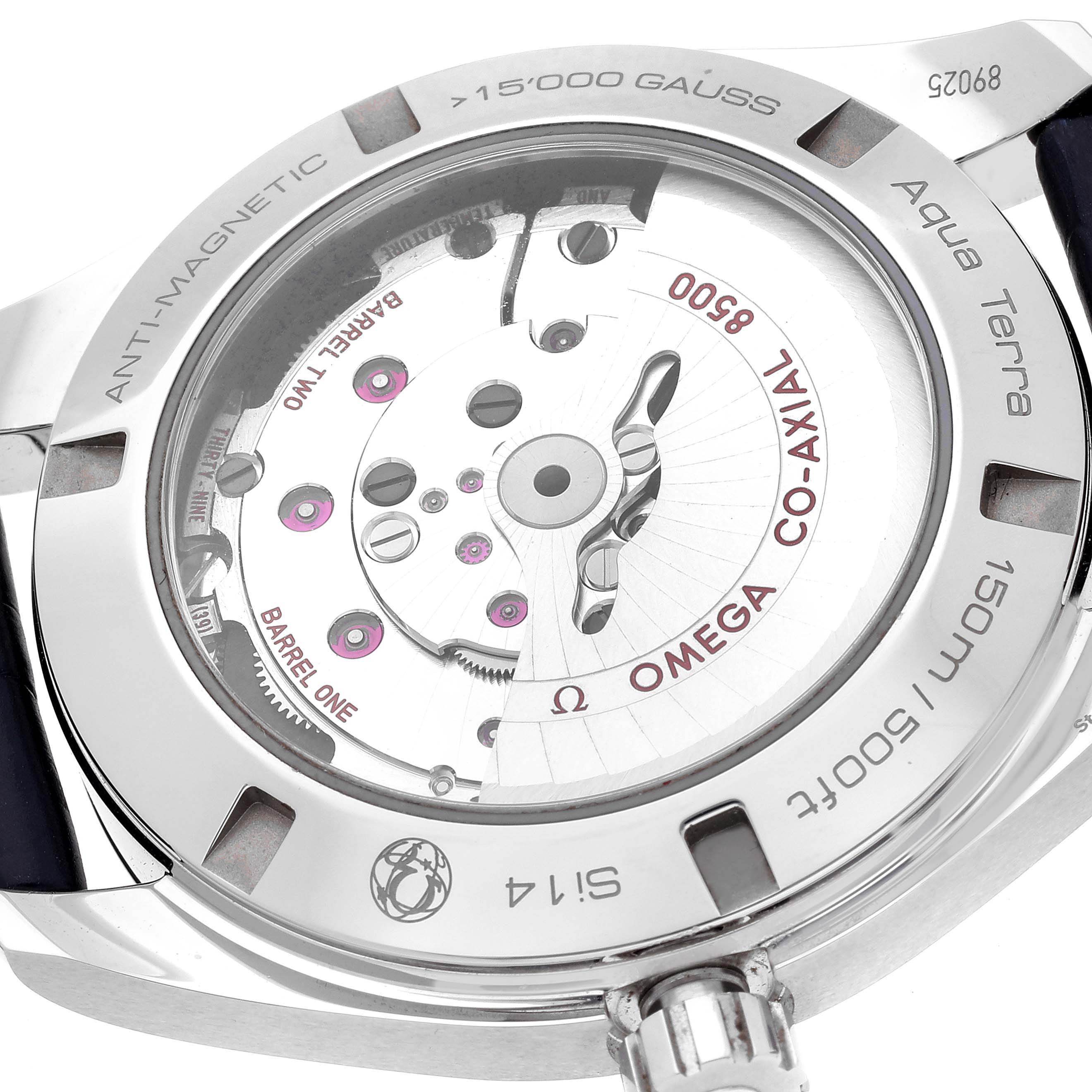 The image shows the back view of the Omega Aqua Terra 231.13.42.21.03.001 Men
s Stainless Steel Blue Dial 231.13.42.21.03.001 Men
s Stainless Steel Blue Dial watch, revealing its intricate movement and anti-magnetic properties.