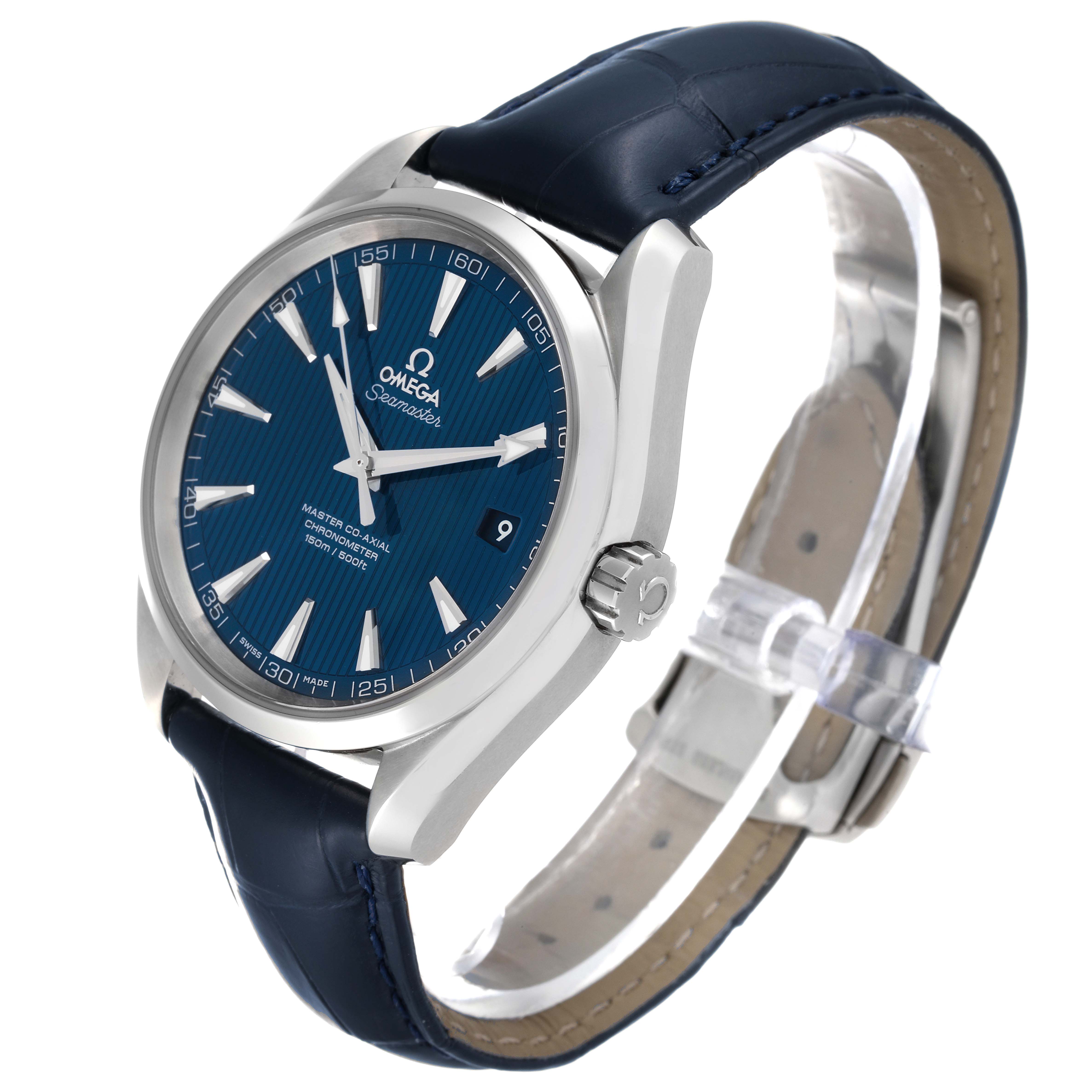 The Omega Aqua Terra 231.13.42.21.03.001 Men
s Stainless Steel Blue Dial 231.13.42.21.03.001 Men
s Stainless Steel Blue Dial watch is displayed at a 3/4 angle, showing the face, bezel, crown, and leather strap.
