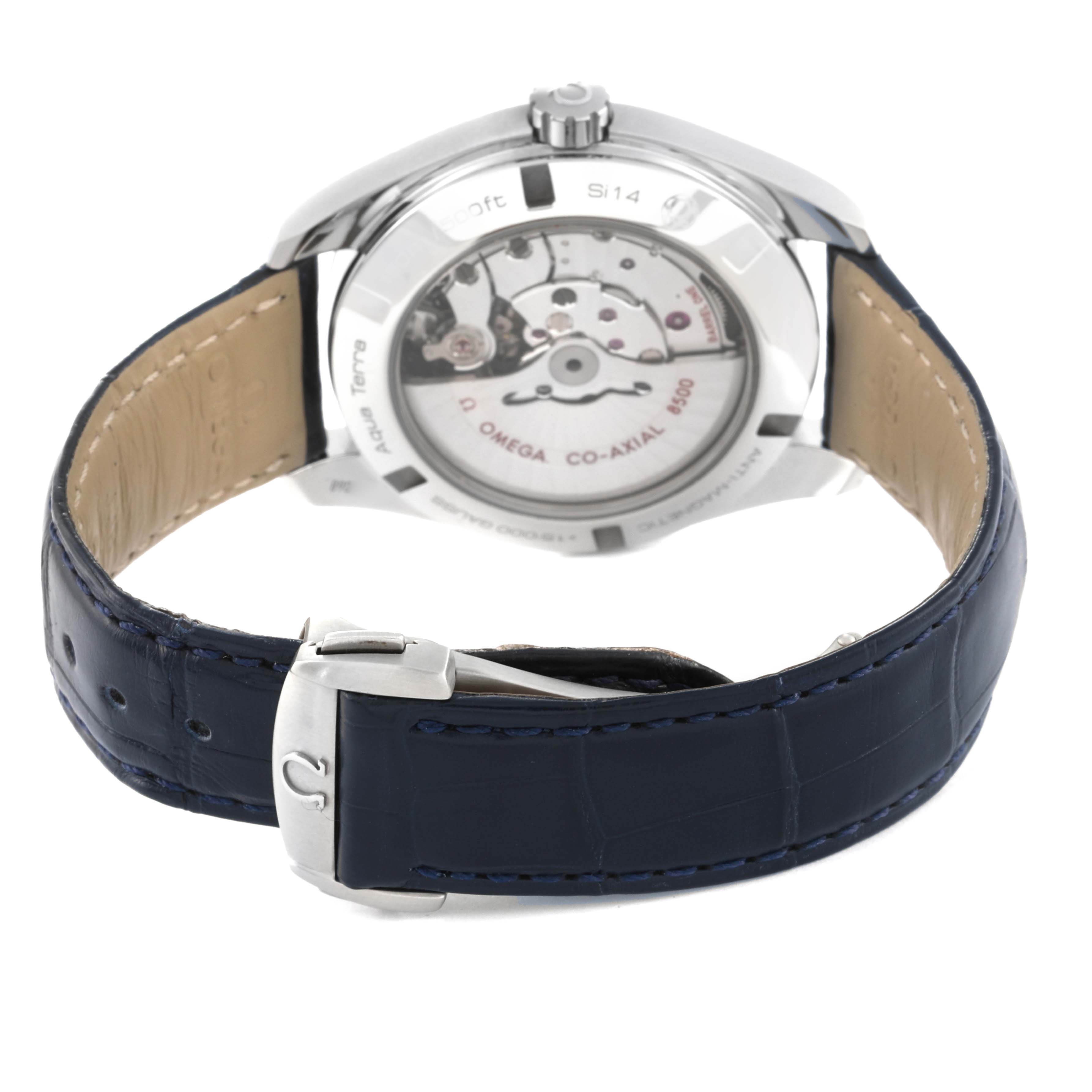 This image shows the back view of the Omega Aqua Terra 231.13.42.21.03.001 Men
s Stainless Steel Blue Dial 231.13.42.21.03.001 Men
s Stainless Steel Blue Dial watch, highlighting the movement and a blue leather strap with a clasp.