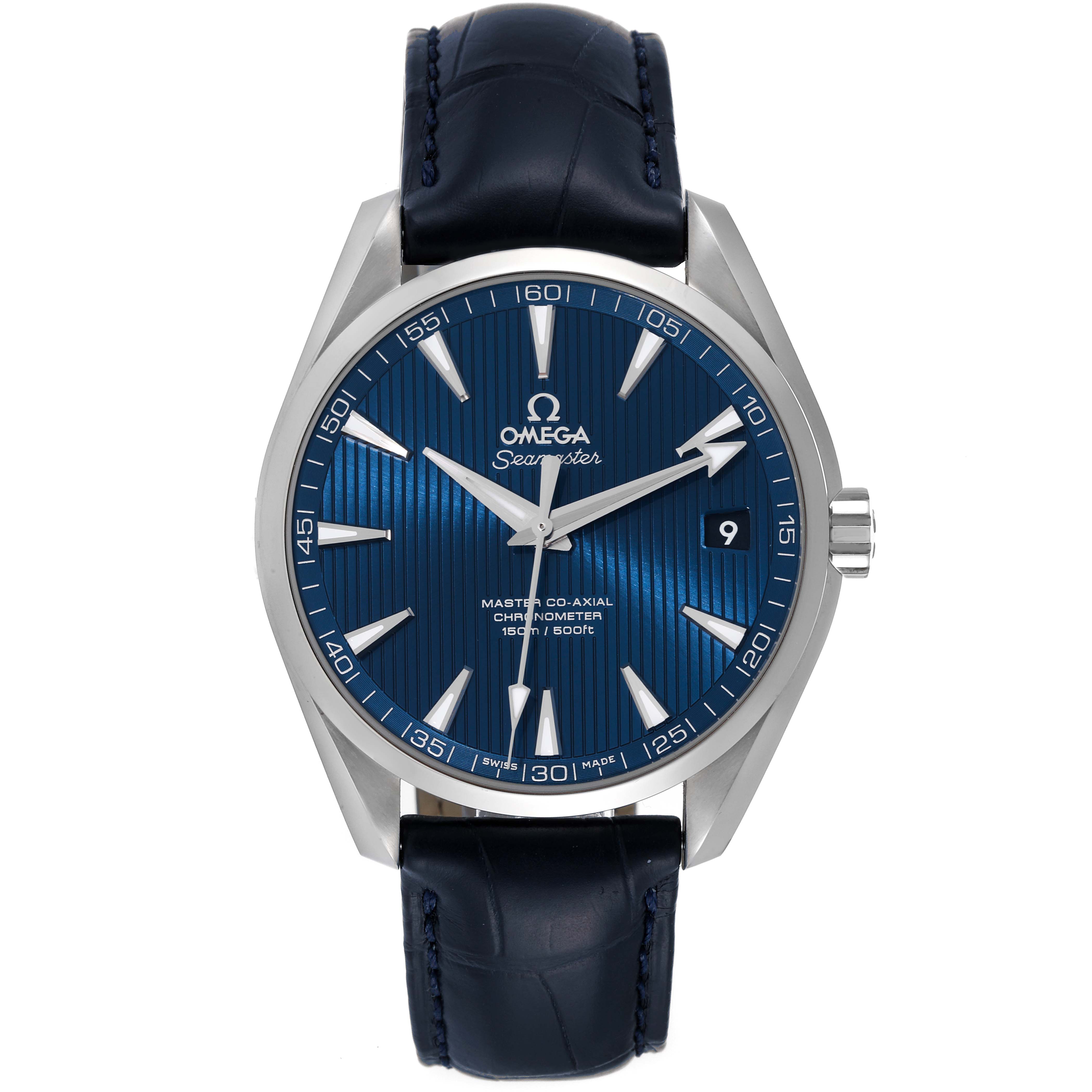 The image shows a front view of the Omega Aqua Terra 231.13.42.21.03.001 Men
s Stainless Steel Blue Dial 231.13.42.21.03.001 Men
s Stainless Steel Blue Dial watch, displaying the dial, hands, indices, date window, and leather strap.