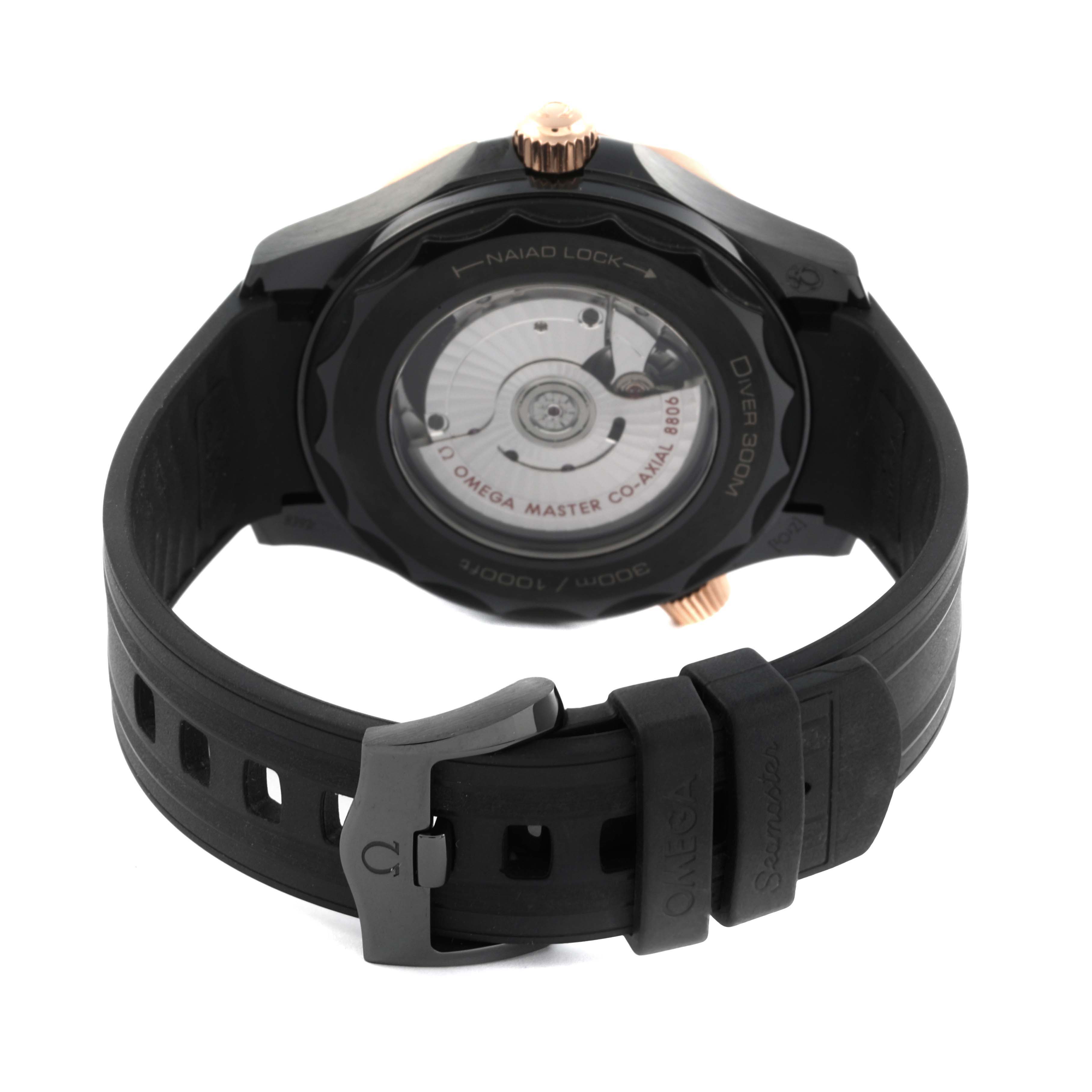 The image shows the back of the Omega Seamaster 210.62.44.20.01.001 Men's Ceramic Grey Dial 210.62.44.20.01.001 Men's Ceramic Grey Dial watch, highlighting the case back, strap, and clasp.