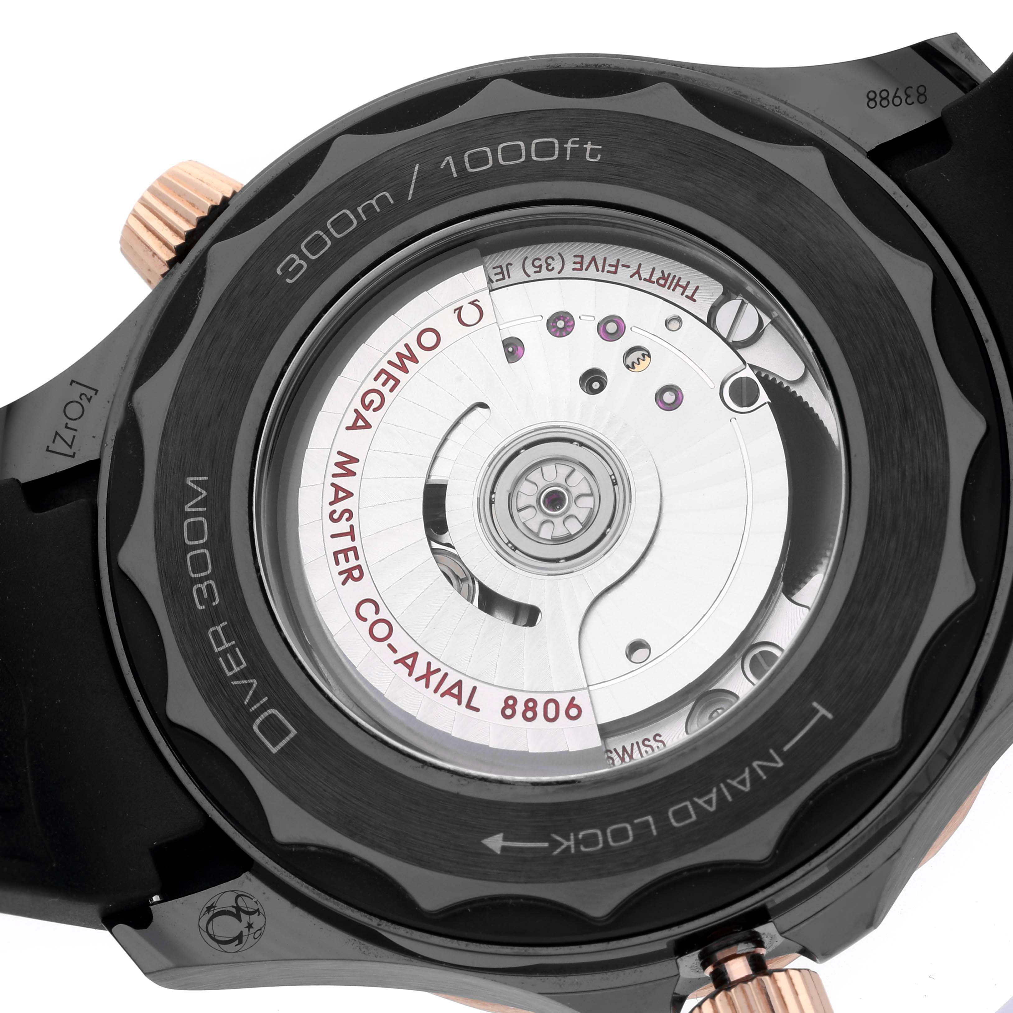 The image shows the back of the Omega Seamaster 210.62.44.20.01.001 Men's Ceramic Grey Dial 210.62.44.20.01.001 Men's Ceramic Grey Dial, highlighting the movement and rotor through a transparent caseback.