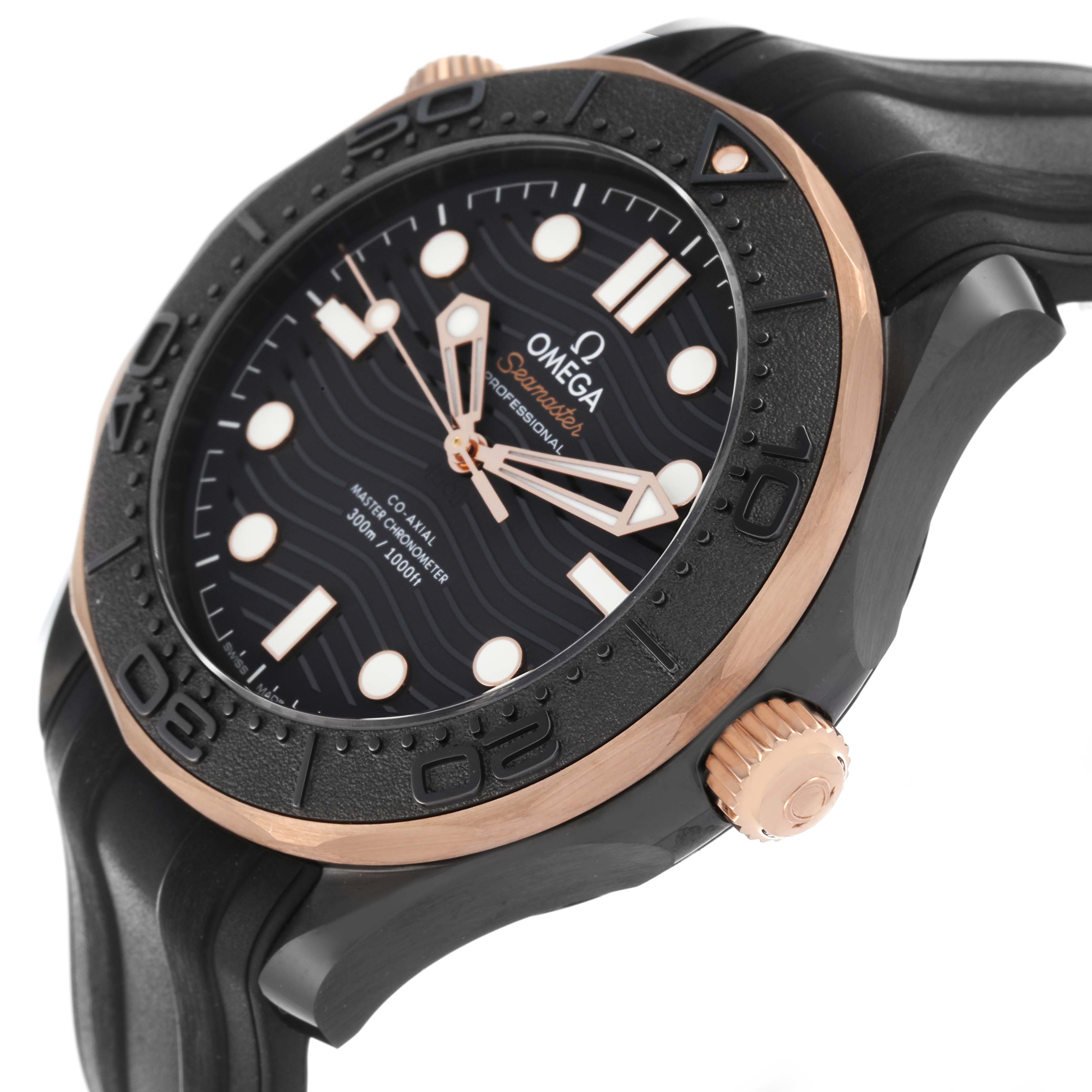 The Omega Seamaster 210.62.44.20.01.001 Men's Ceramic Grey Dial 210.62.44.20.01.001 Men's Ceramic Grey Dial watch is shown at an angle displaying the bezel, crown, and part of the strap.