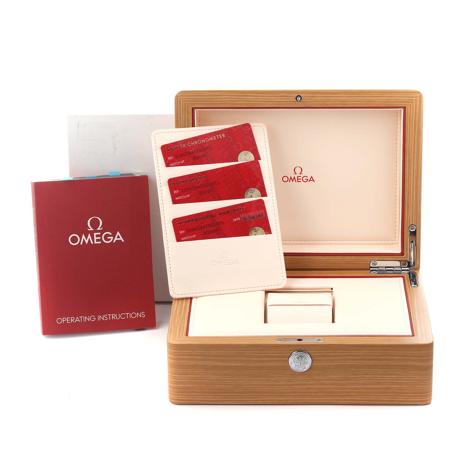 The image shows an Omega Seamaster 210.62.44.20.01.001 Men's Ceramic Grey Dial 210.62.44.20.01.001 Men's Ceramic Grey Dial presentation box, warranty cards, and an operating manual.