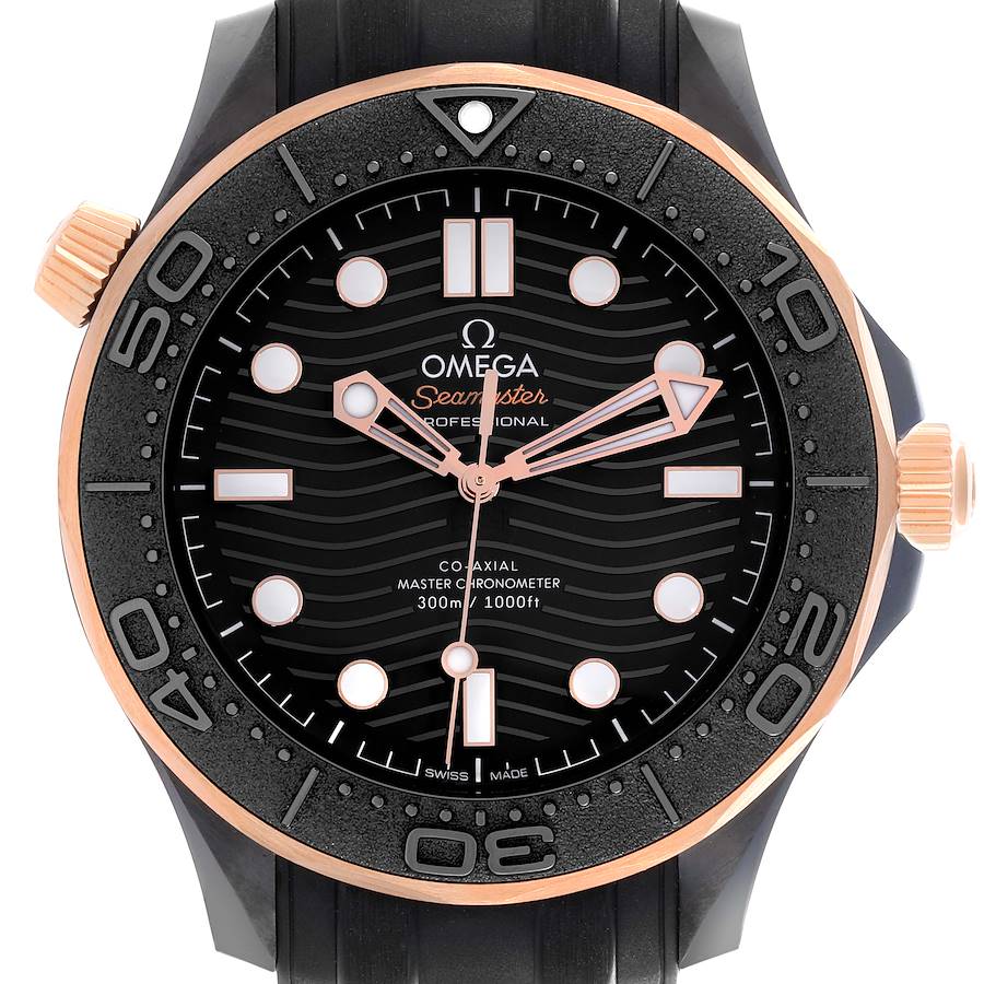 The image shows a front view of the Omega Seamaster watch, displaying the dial, bezel, and crown.