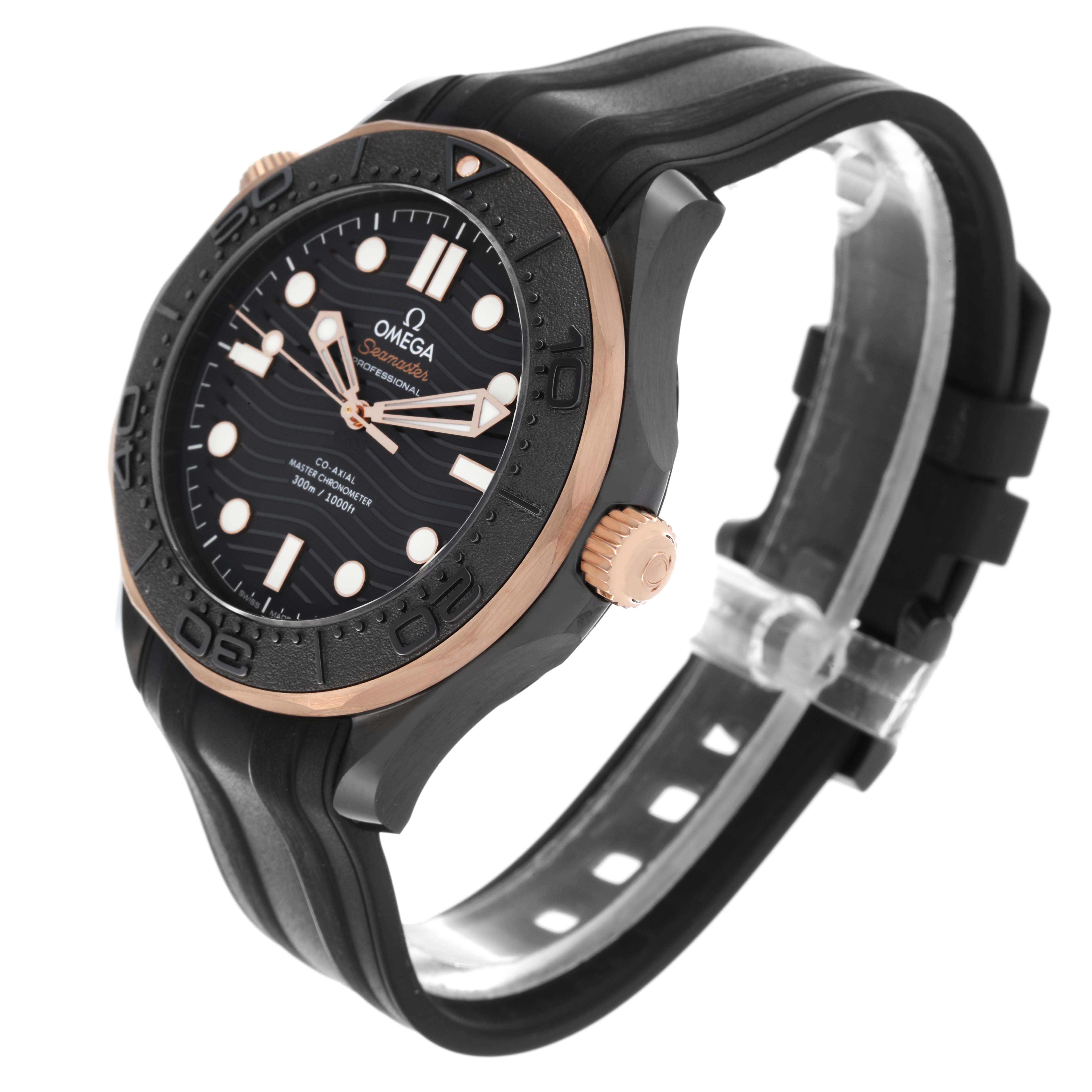 The Omega Seamaster 210.62.44.20.01.001 Men's Ceramic Grey Dial 210.62.44.20.01.001 Men's Ceramic Grey Dial watch is shown at an angle highlighting the face, bezel, crown, and rubber strap.