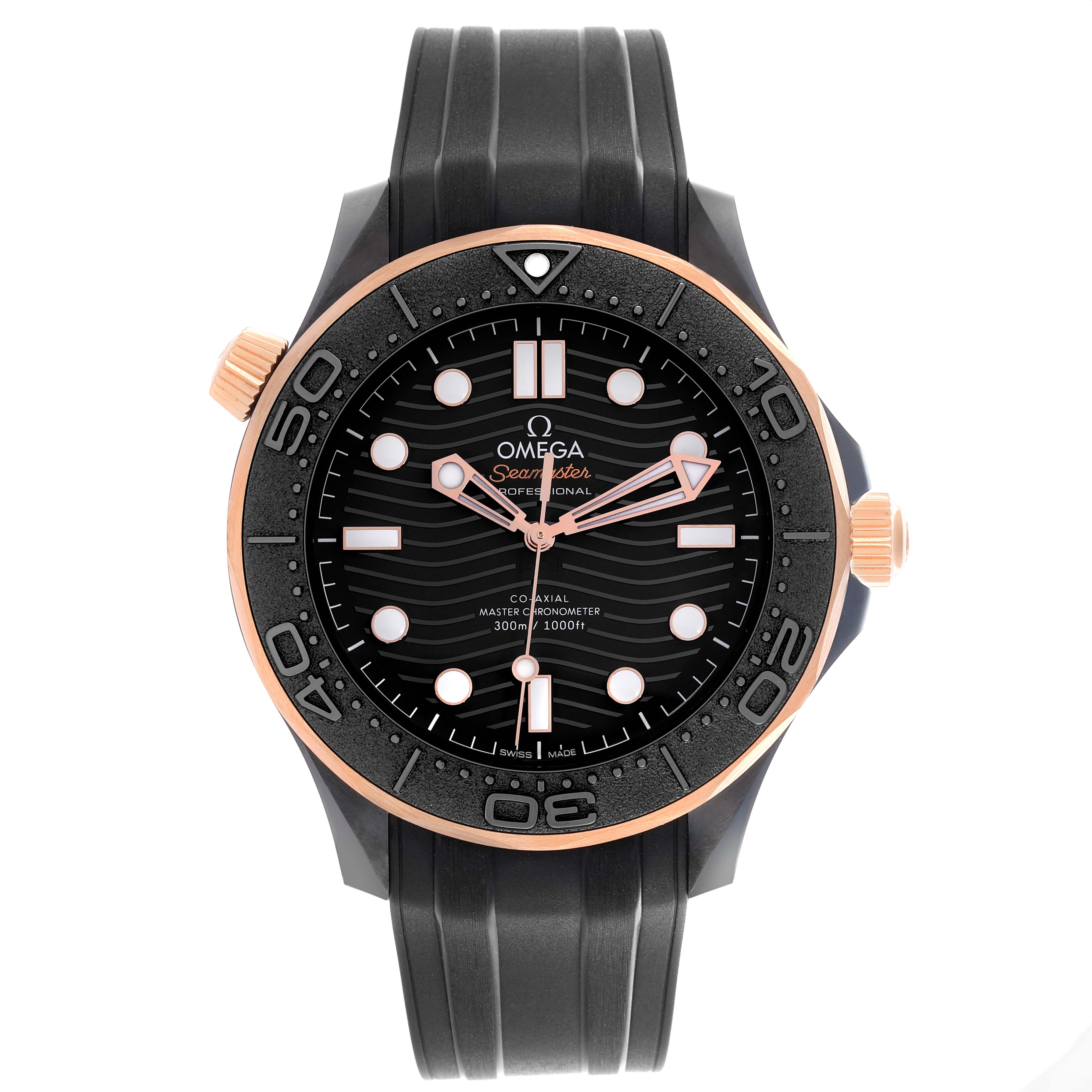 The Omega Seamaster 210.62.44.20.01.001 Men's Ceramic Grey Dial 210.62.44.20.01.001 Men's Ceramic Grey Dial watch is shown from the front, highlighting the dial, bezel, crown, and rubber strap.