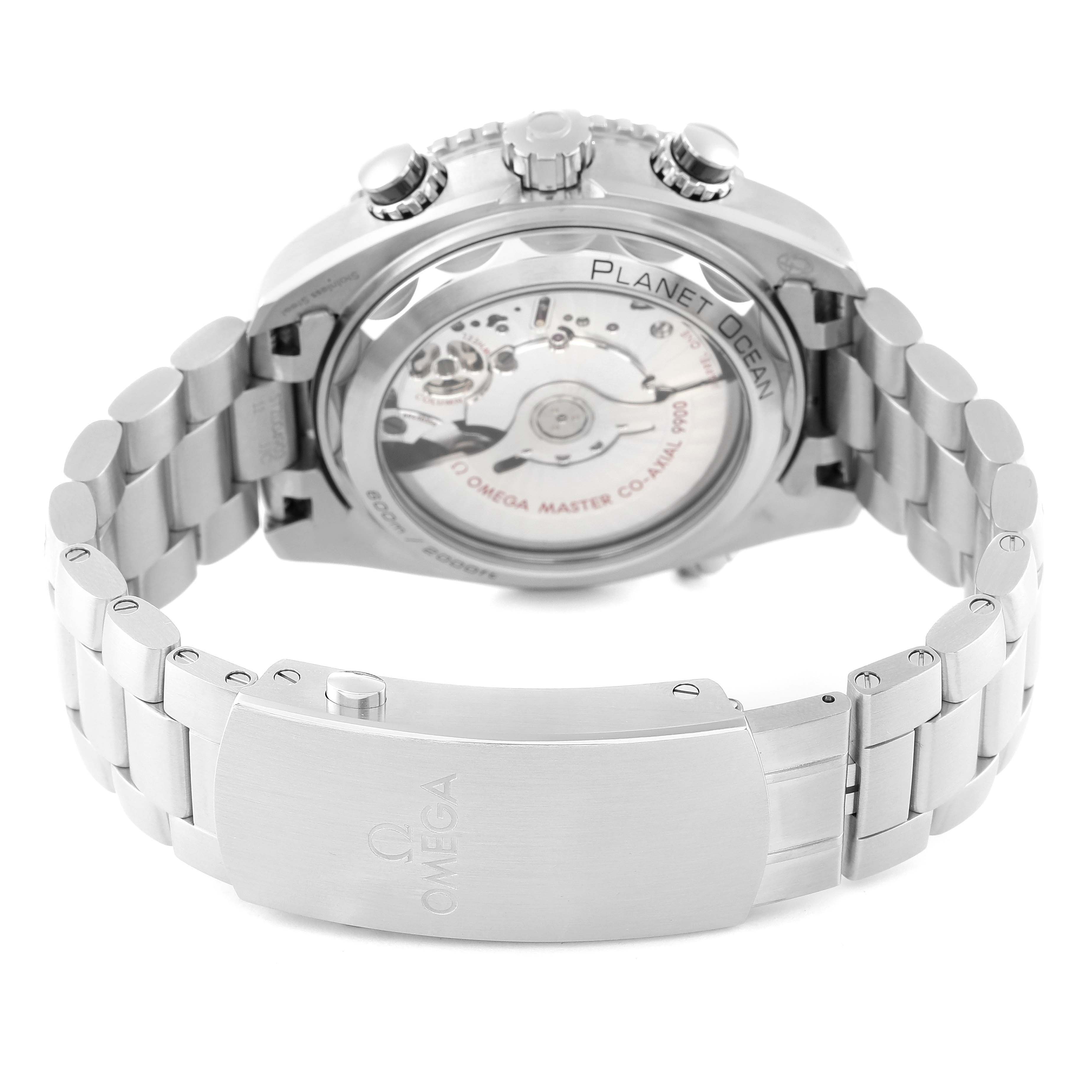 The image shows the back and clasp of the Omega Planet Ocean 215.30.46.51.01.002 Men
s Stainless Steel Black Dial 215.30.46.51.01.002 Men
s Stainless Steel Black Dial watch, highlighting its movement and stainless steel bracelet.