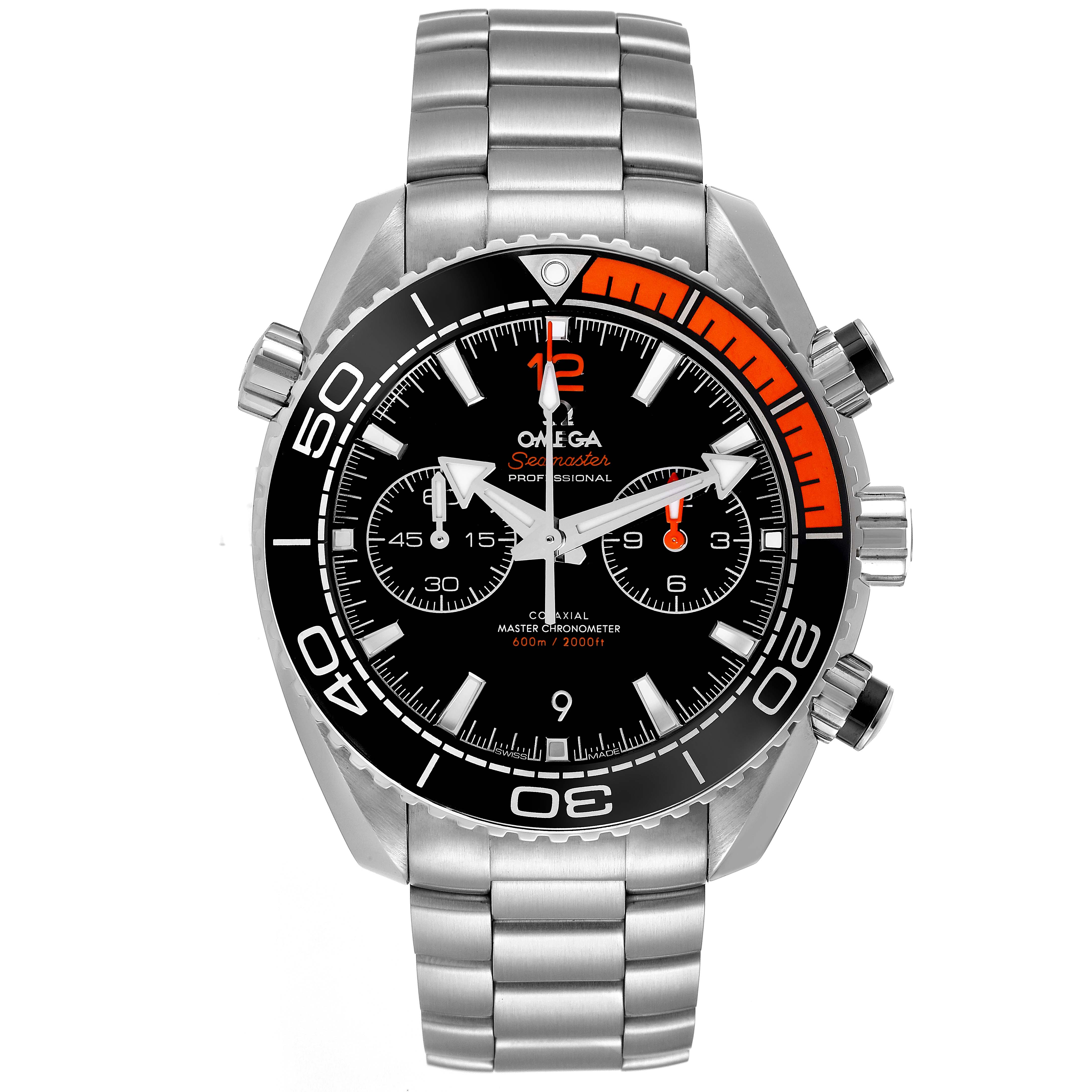 The image shows a front view of the Omega Planet Ocean 215.30.46.51.01.002 Men
s Stainless Steel Black Dial 215.30.46.51.01.002 Men
s Stainless Steel Black Dial watch, detailing the dial, bezel, and metal bracelet.