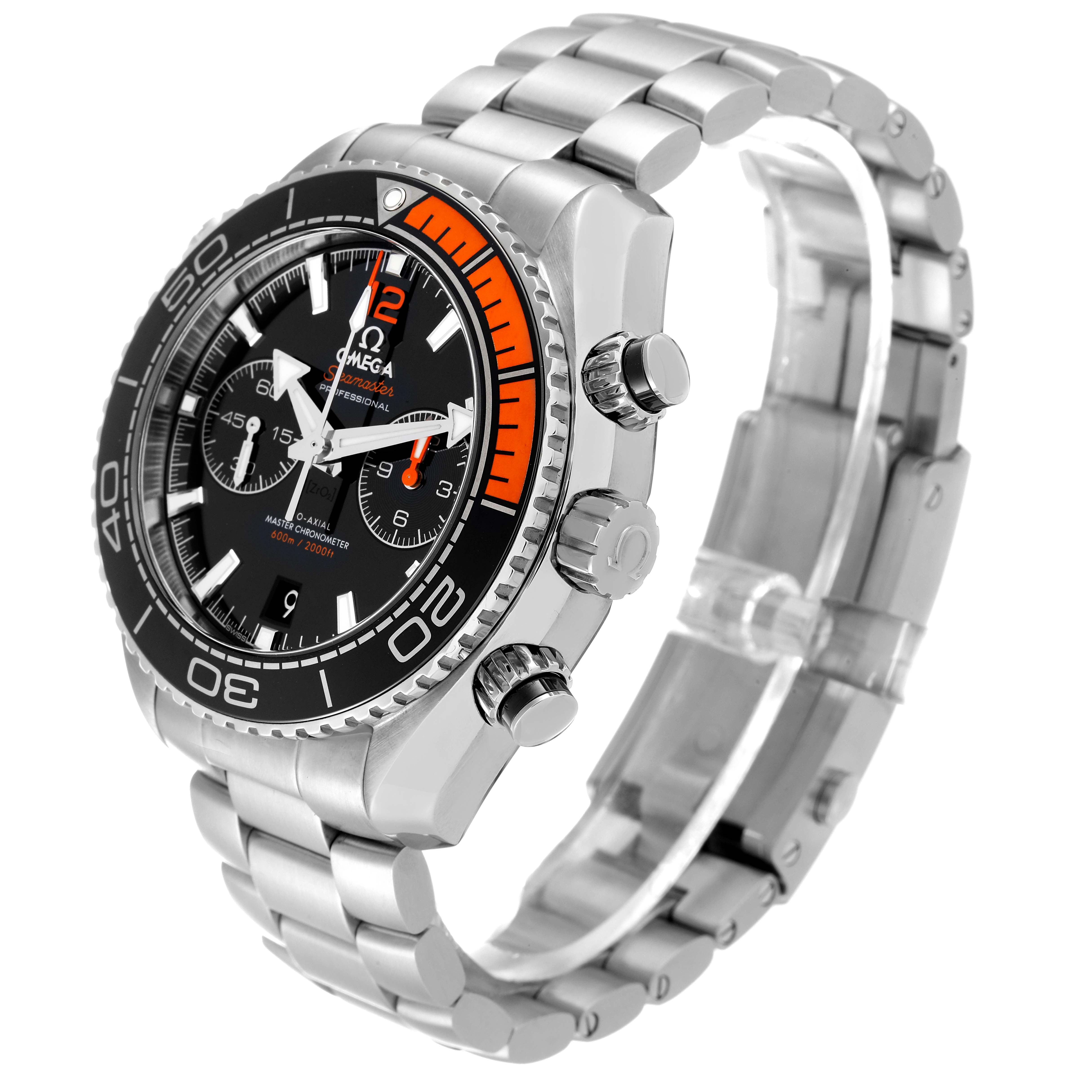 This is an Omega Planet Ocean 215.30.46.51.01.002 Men
s Stainless Steel Black Dial 215.30.46.51.01.002 Men
s Stainless Steel Black Dial watch shown at a 3/4 angle, displaying its face, bezel, crowns, and metal bracelet.