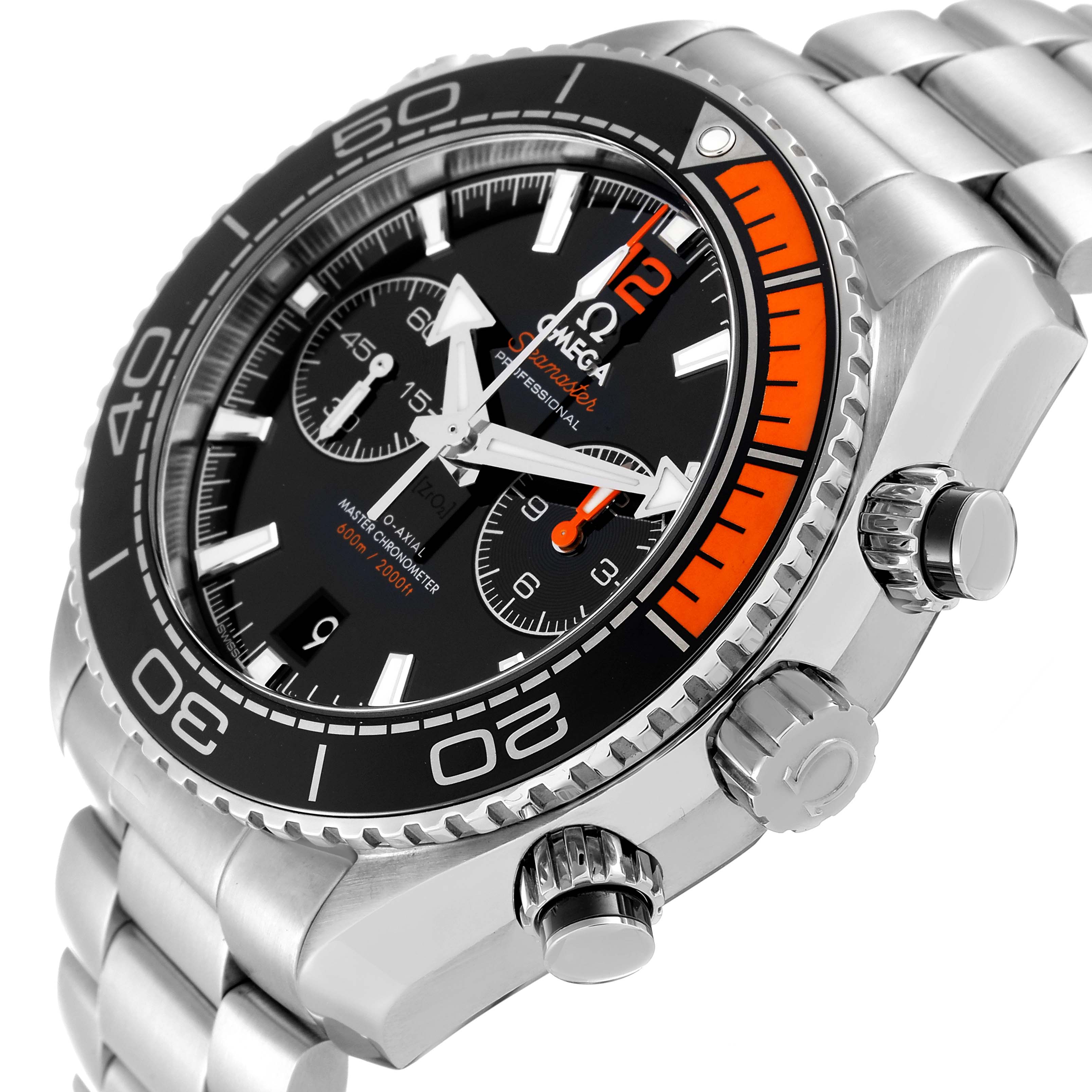 The image shows a close-up angle of the Omega Planet Ocean 215.30.46.51.01.002 Men
s Stainless Steel Black Dial 215.30.46.51.01.002 Men
s Stainless Steel Black Dial watch, highlighting the dial, bezel, and crown with its stainless steel bracelet.