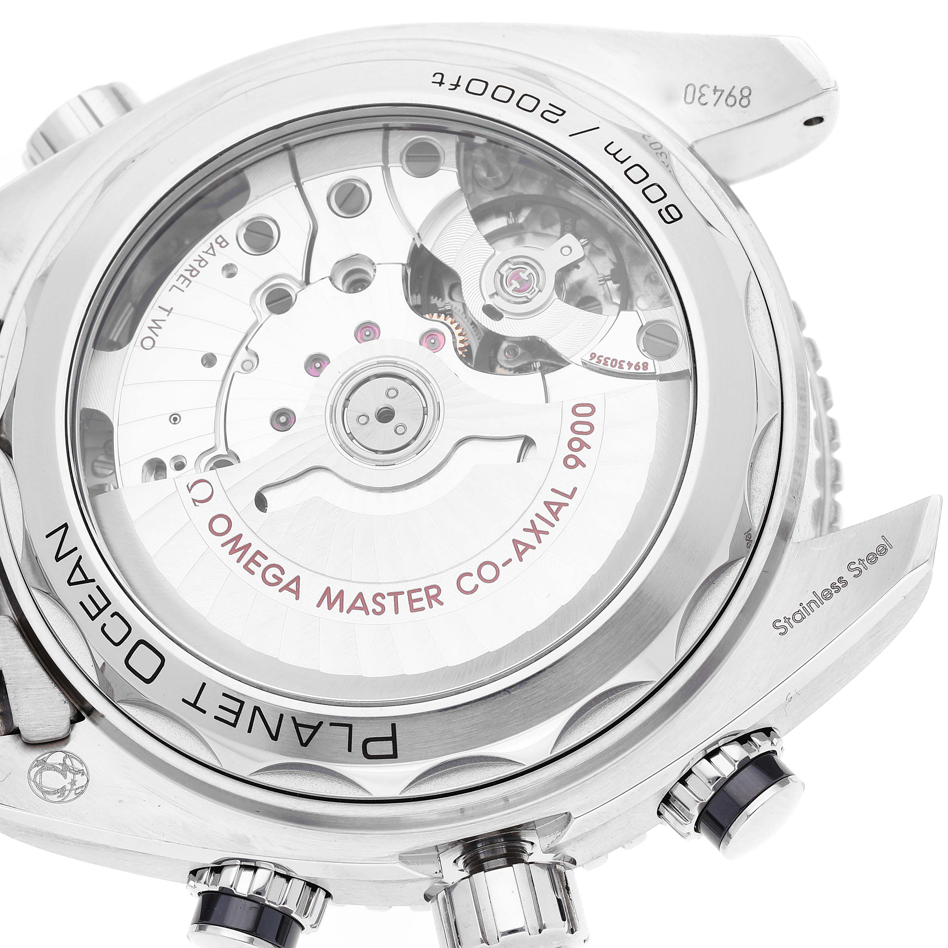 This is a back view of the Omega Planet Ocean 215.30.46.51.01.002 Men
s Stainless Steel Black Dial 215.30.46.51.01.002 Men
s Stainless Steel Black Dial watch, showing its exposed mechanical movement and co-axial escapement.