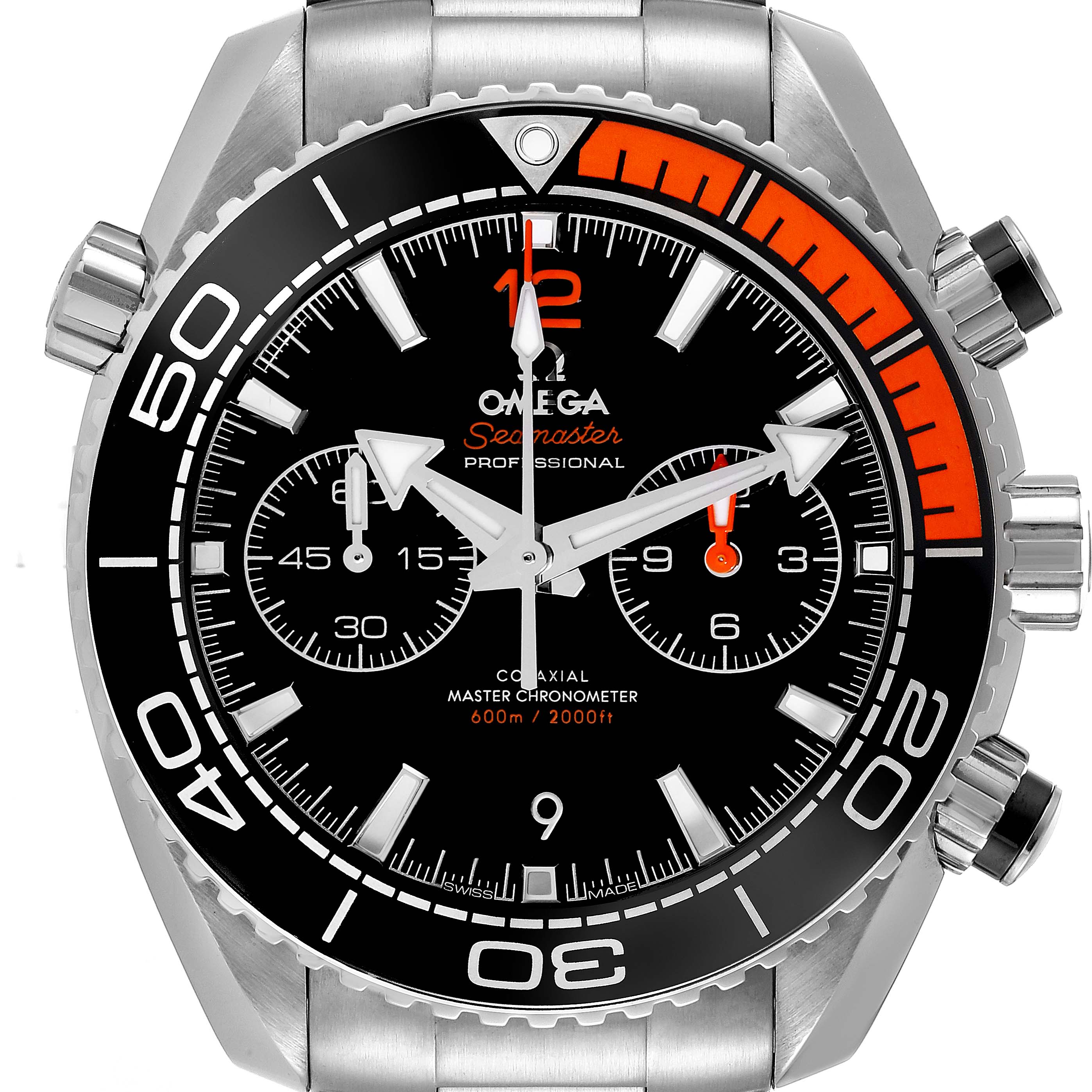 This image displays a front view of the Omega Planet Ocean 215.30.46.51.01.002 Men
s Stainless Steel Black Dial 215.30.46.51.01.002 Men
s Stainless Steel Black Dial watch, showing its dial, bezel, and pushers in detail.