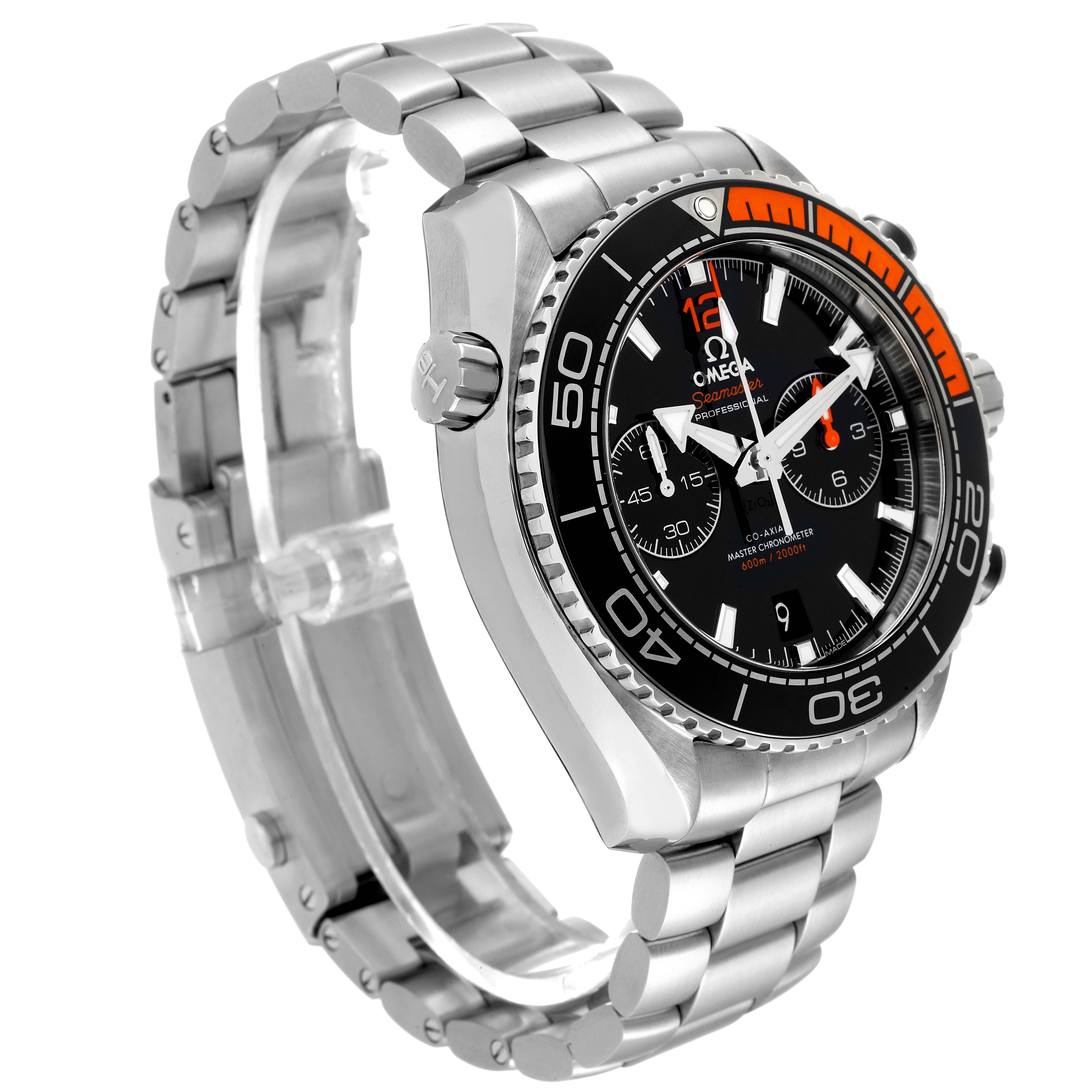 The image shows an Omega Planet Ocean 215.30.46.51.01.002 Men
s Stainless Steel Black Dial 215.30.46.51.01.002 Men
s Stainless Steel Black Dial watch at a three-quarter angle displaying its stainless steel bracelet and bezel.