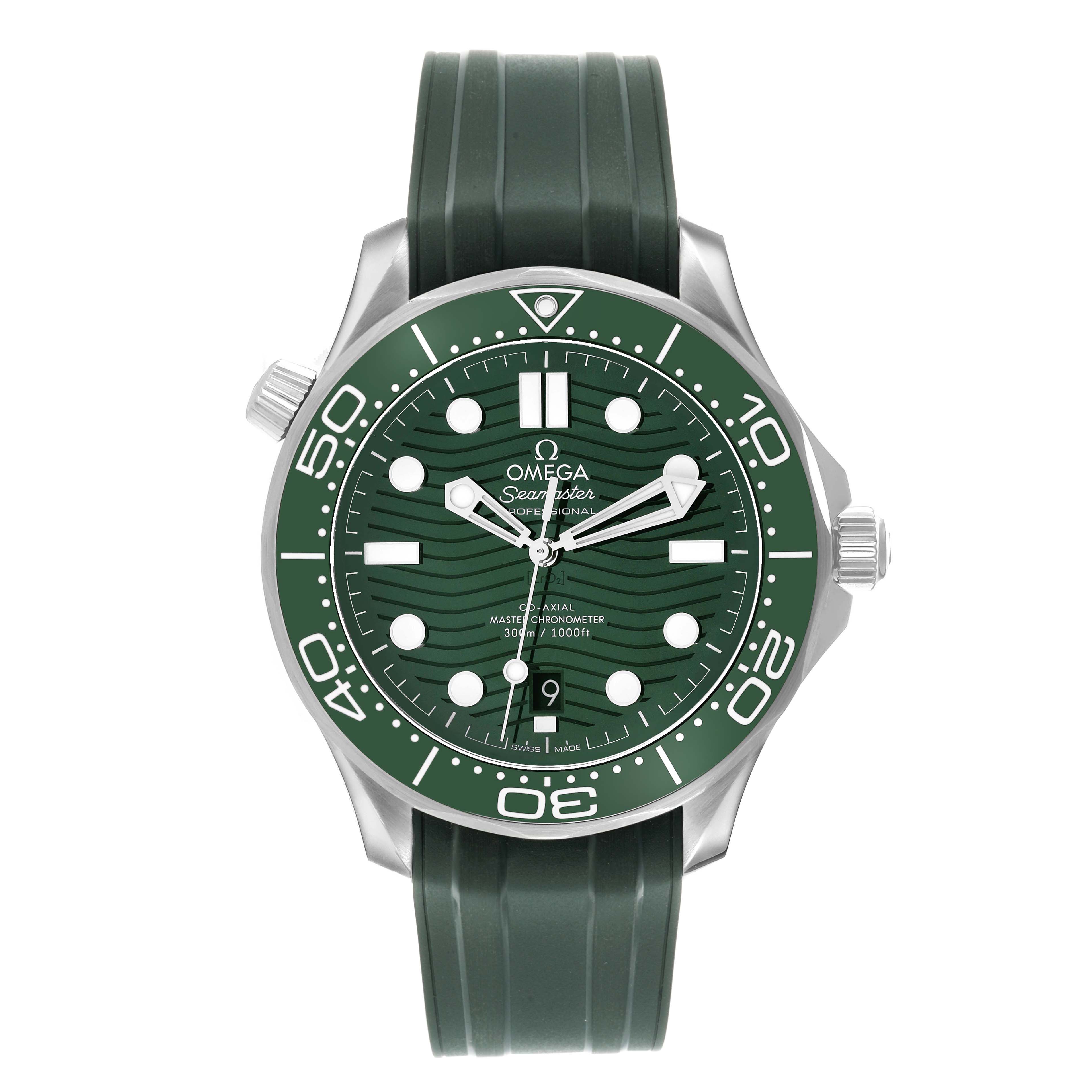 The Omega Seamaster 210.30.42.20.10.001 Men's Stainless Steel Green Dial watch is shown from the front, highlighting its green dial, bezel, and rubber strap.