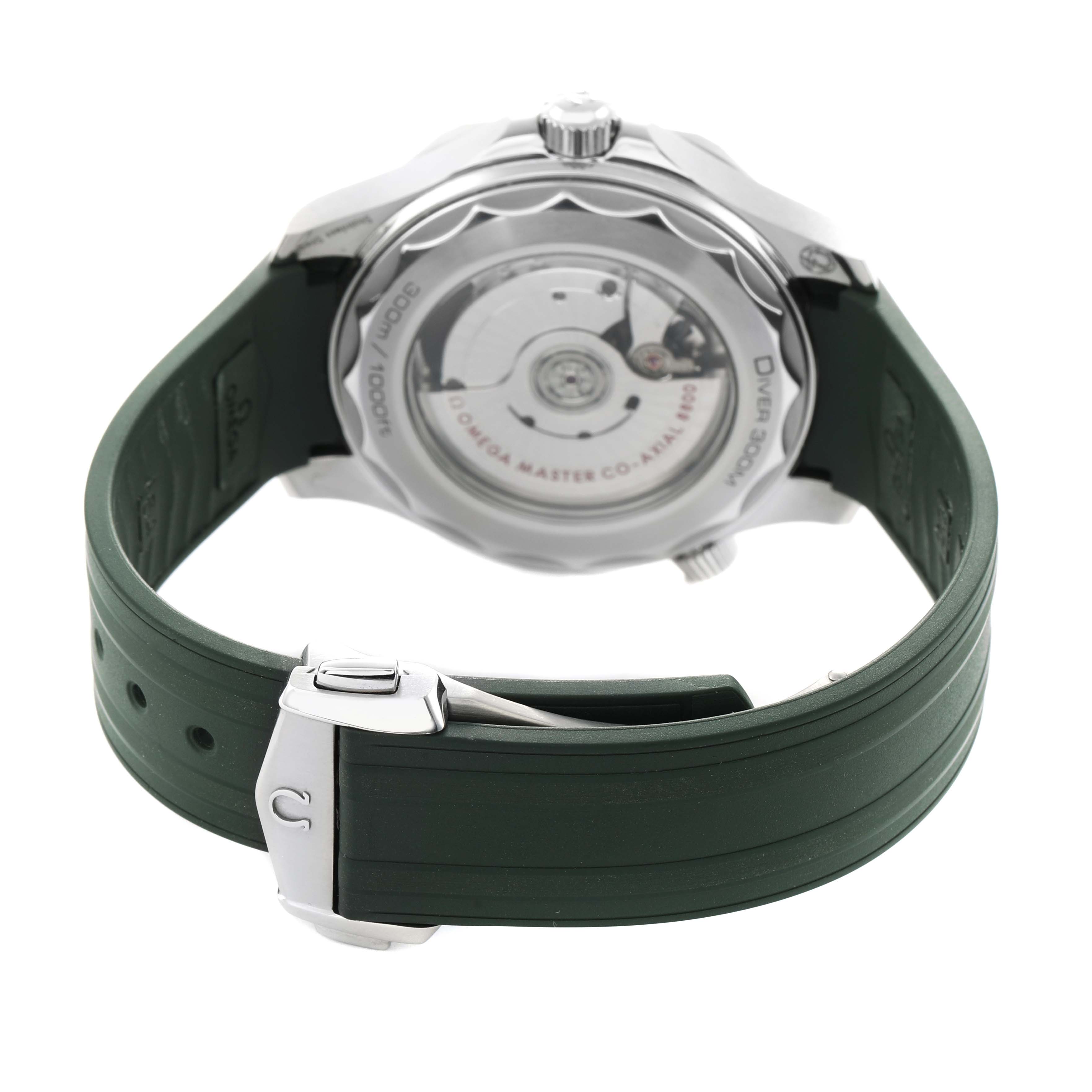 The Omega Seamaster 210.30.42.20.10.001 Men's Stainless Steel Green Dial watch is shown from the back, highlighting the case back, movement, and green strap with a clasp.