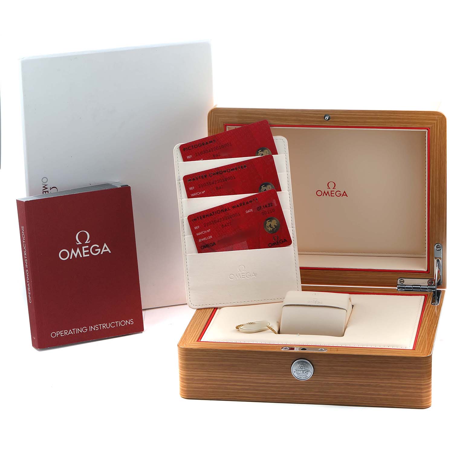 The image shows an Omega Seamaster 210.30.42.20.10.001 Men's Stainless Steel Green Dial box set with instruction manual, warranty cards, and an open wooden case.