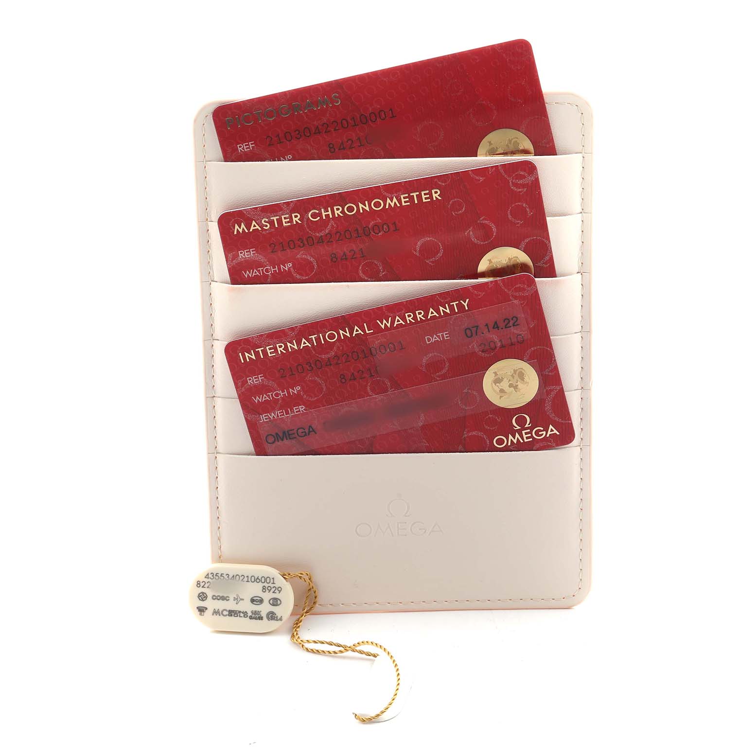 The image shows Omega Seamaster 210.30.42.20.10.001 Men's Stainless Steel Green Dial watch cards: pictograms, master chronometer, international warranty, and a tag.