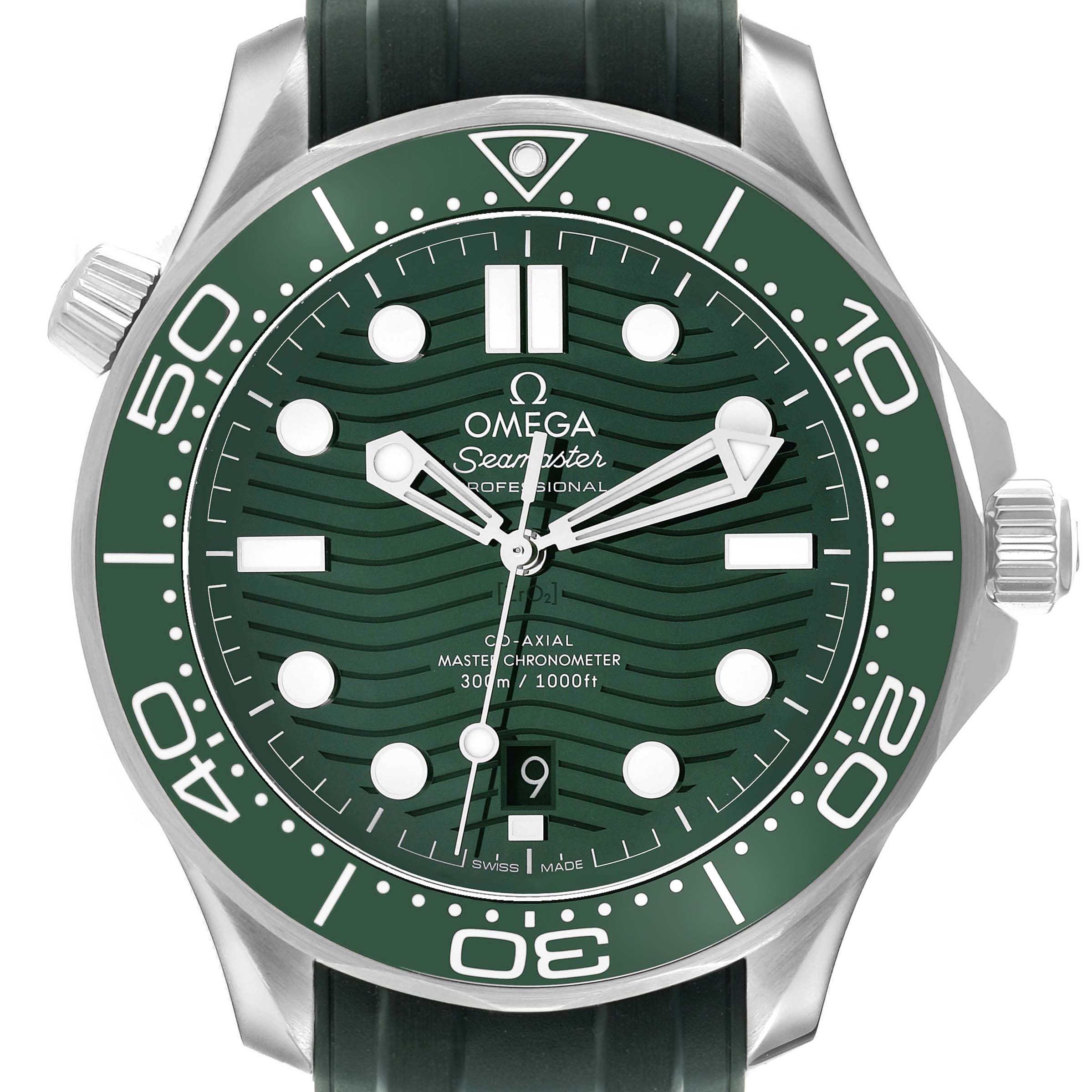 The Omega Seamaster 210.30.42.20.10.001 Men's Stainless Steel Green Dial watch is shown from the front, displaying its green dial, bezel, and rubber strap.