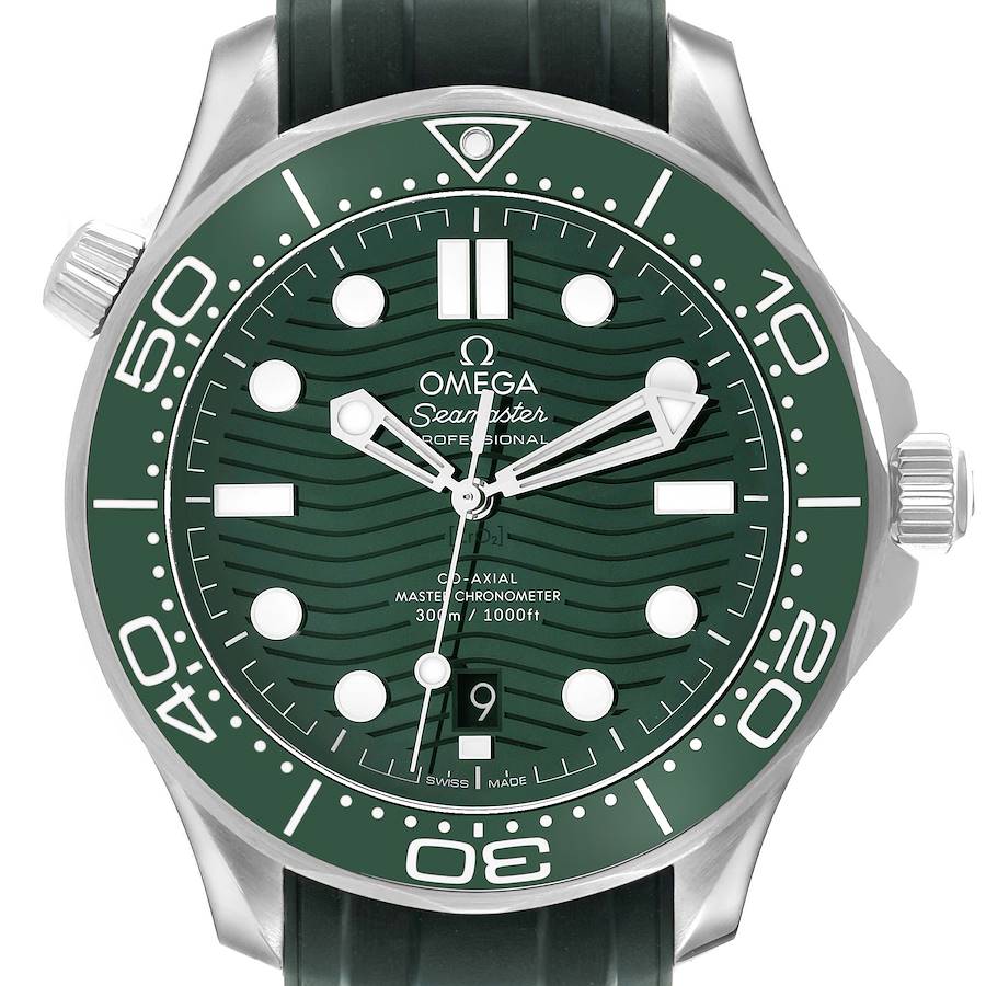 The Omega Seamaster 210.30.42.20.10.001 Men's Stainless Steel Green Dial watch is shown from the front, displaying its green dial, bezel, and rubber strap.