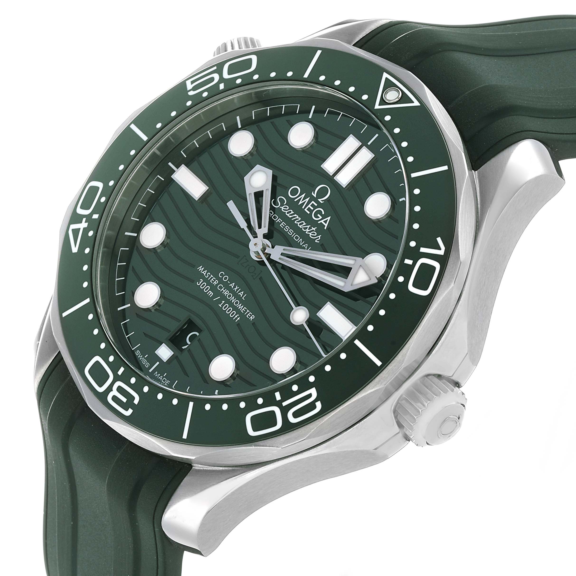 The Omega Seamaster 210.30.42.20.10.001 Men's Stainless Steel Green Dial watch is shown from a front-side angle, highlighting the dial, bezel, crown, and strap.