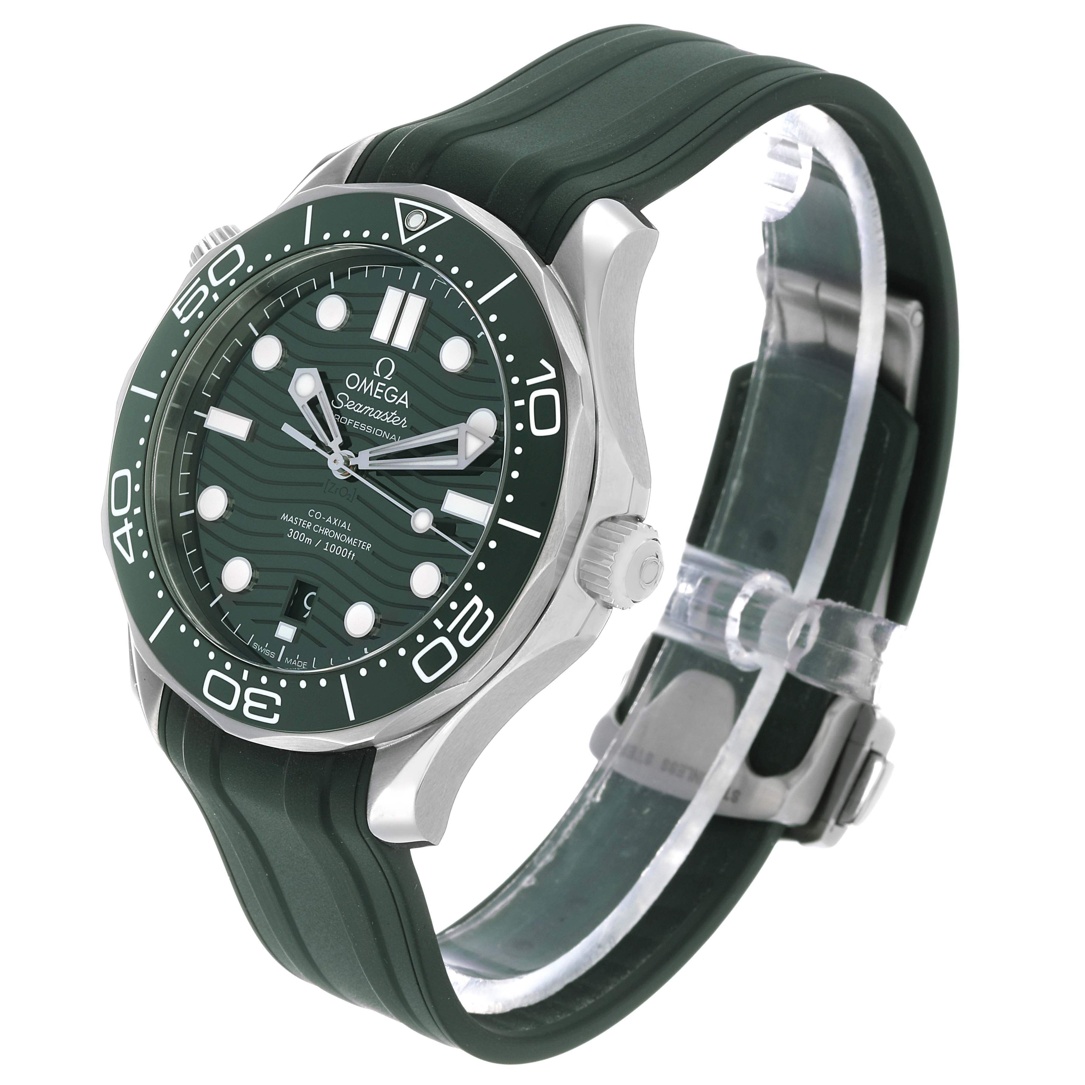 The Omega Seamaster 210.30.42.20.10.001 Men's Stainless Steel Green Dial watch is shown at a three-quarter angle, highlighting the face, bezel, strap, and crown.