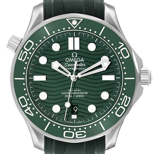 The Omega Seamaster 210.30.42.20.10.001 Men's Stainless Steel Green Dial watch is shown from the front, displaying its green dial, bezel, and stainless steel case with rubber strap.
