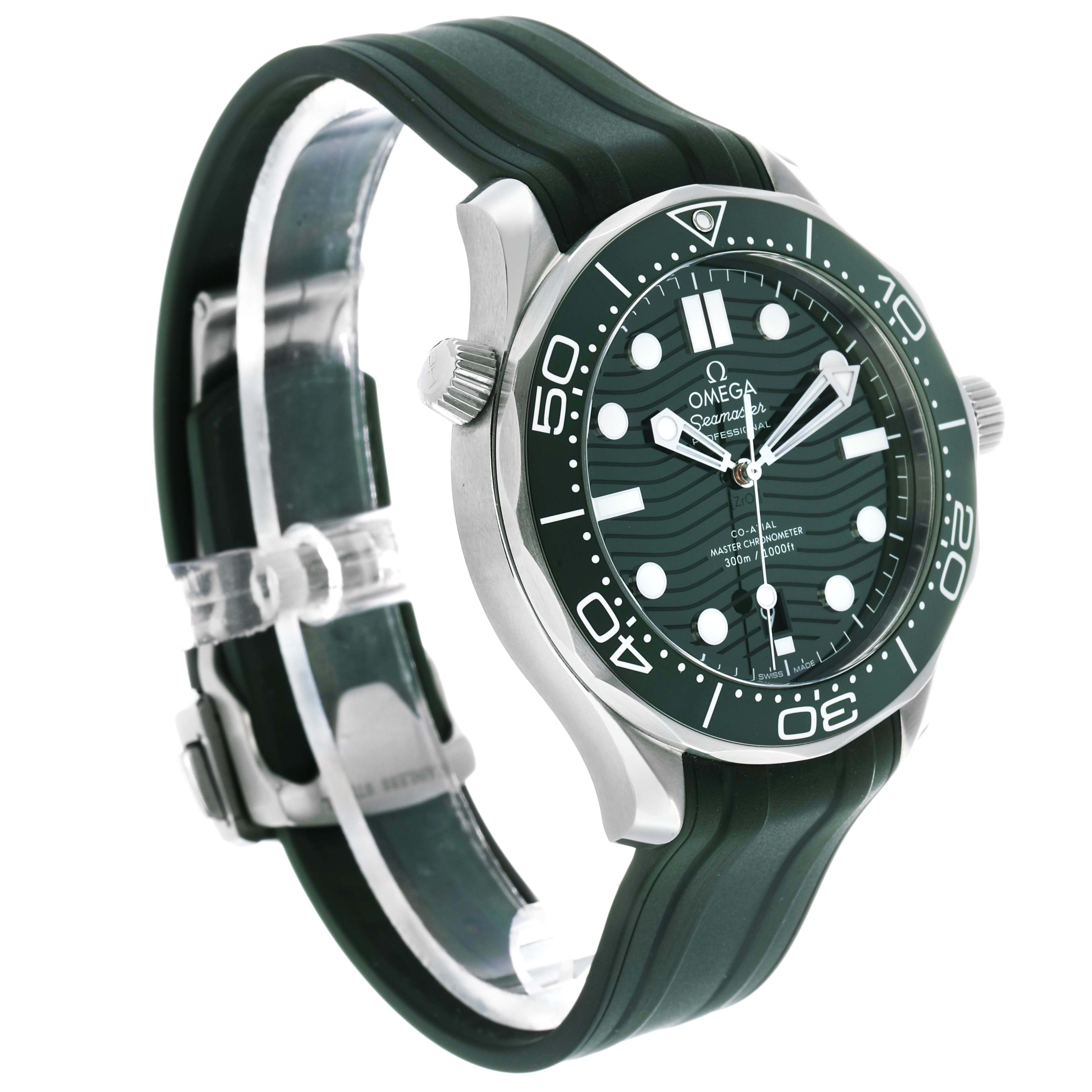The image shows an angled side view of the Omega Seamaster 210.30.42.20.10.001 Men's Stainless Steel Green Dial watch, highlighting the bezel, dial, case, and strap.