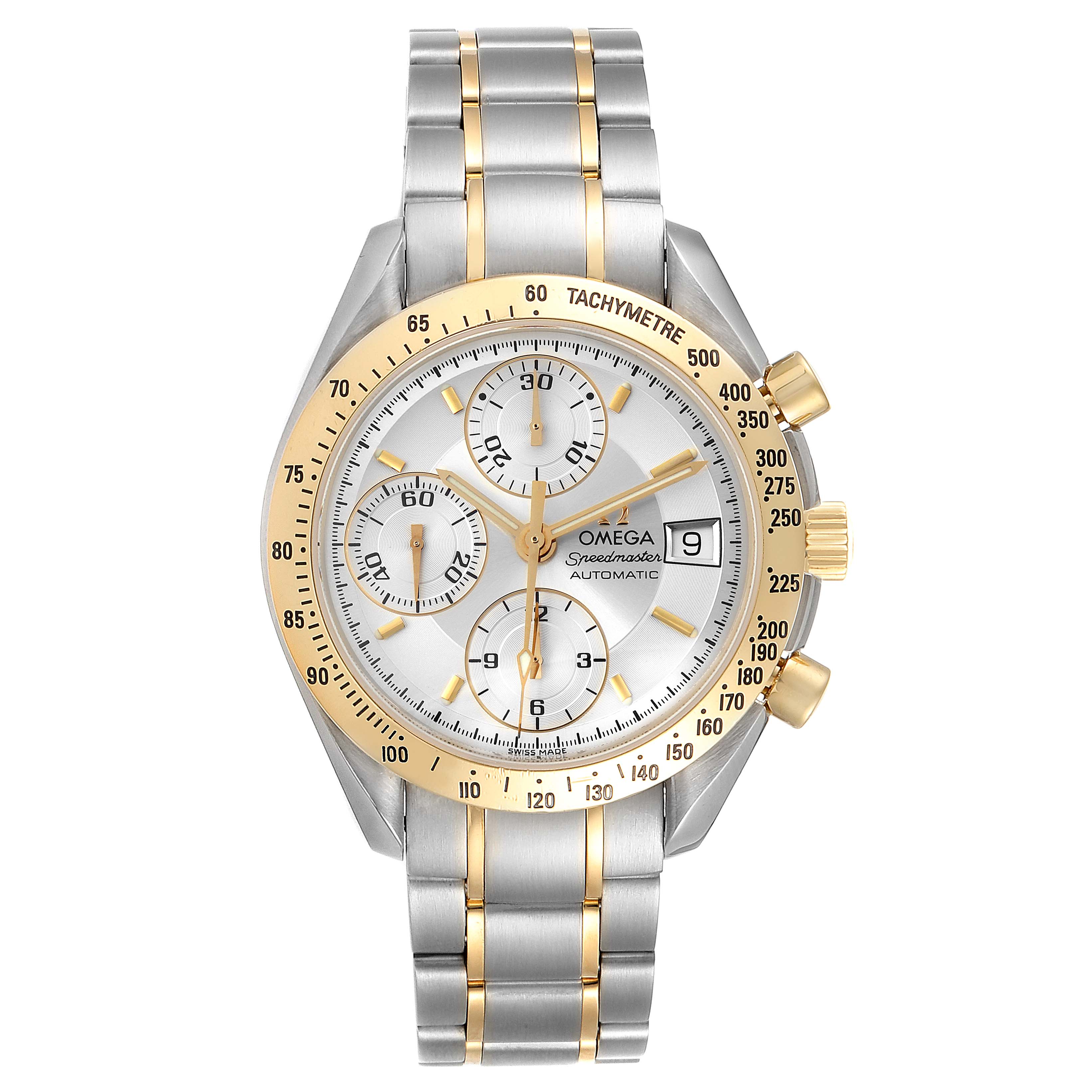 The image shows a frontal view of the Omega Speedmaster 3311.20.00 Men's Steel and Gold (two tone) Silver Dial 3311.20.00 Men's Steel and Gold (two tone) Silver Dial watch, highlighting the dial, bezel, and bracelet.