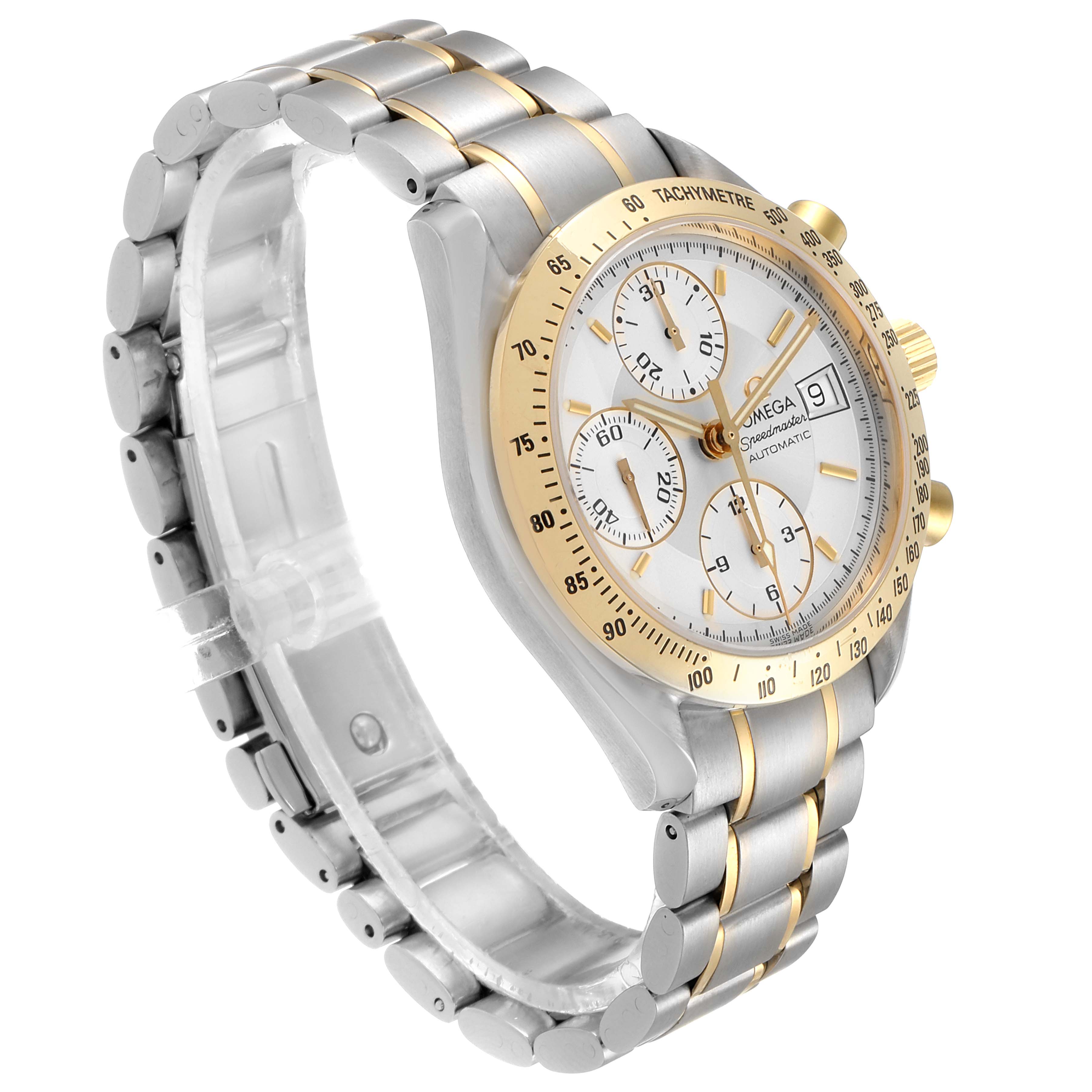 The image shows an Omega Speedmaster 3311.20.00 Men's Steel and Gold (two tone) Silver Dial 3311.20.00 Men's Steel and Gold (two tone) Silver Dial watch at a three-quarter angle showcasing the face, bezel, and metal bracelet.
