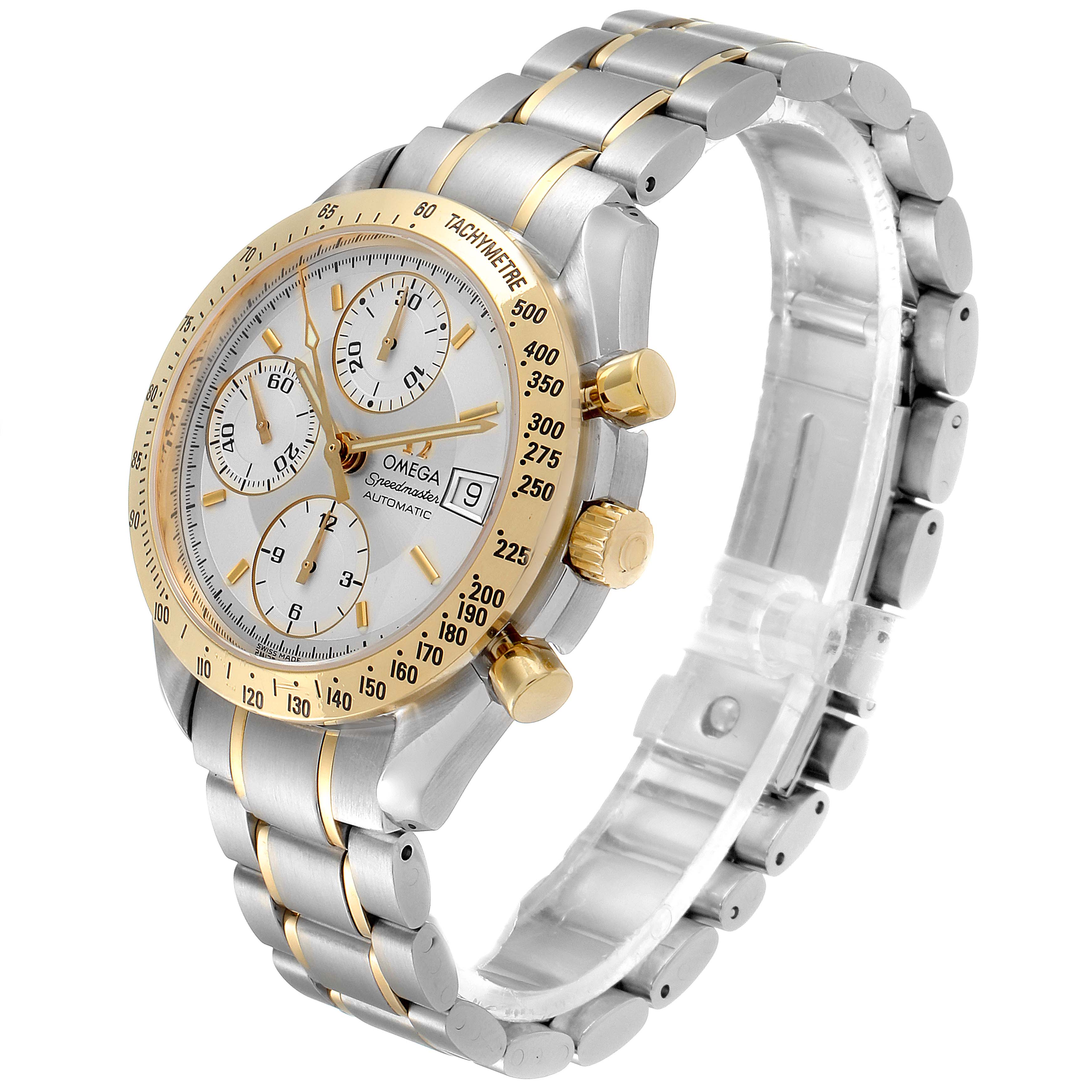 The Omega Speedmaster 3311.20.00 Men's Steel and Gold (two tone) Silver Dial 3311.20.00 Men's Steel and Gold (two tone) Silver Dial watch is shown from a three-quarter angle highlighting its face, bezel, crown, and bracelet.