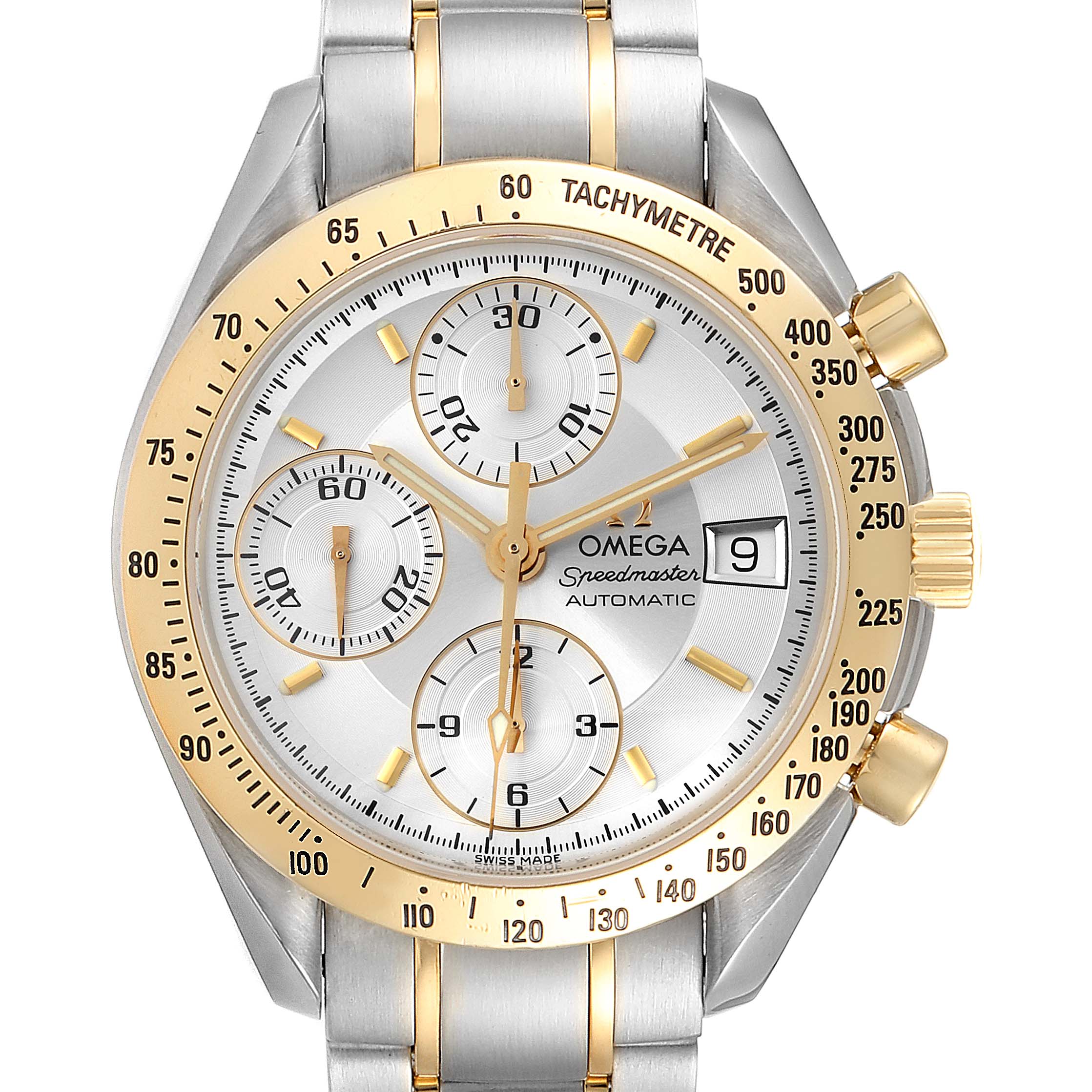The Omega Speedmaster 3311.20.00 Men's Steel and Gold (two tone) Silver Dial 3311.20.00 Men's Steel and Gold (two tone) Silver Dial watch is shown from the front, highlighting the dial, bezel, crown, and pushers.