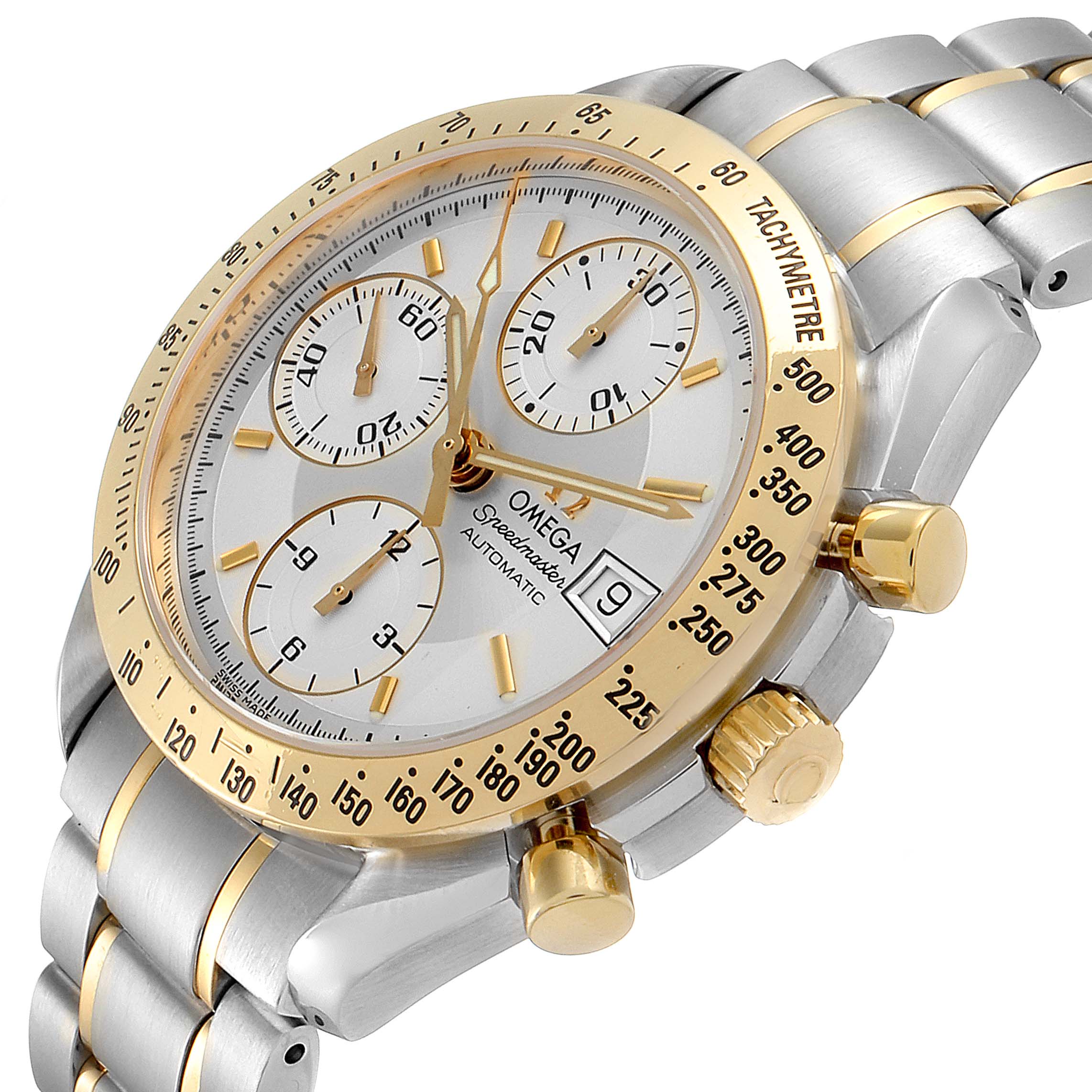 The image shows a close-up angle of an Omega Speedmaster 3311.20.00 Men's Steel and Gold (two tone) Silver Dial 3311.20.00 Men's Steel and Gold (two tone) Silver Dial watch, highlighting its face, bezel, and bracelet.