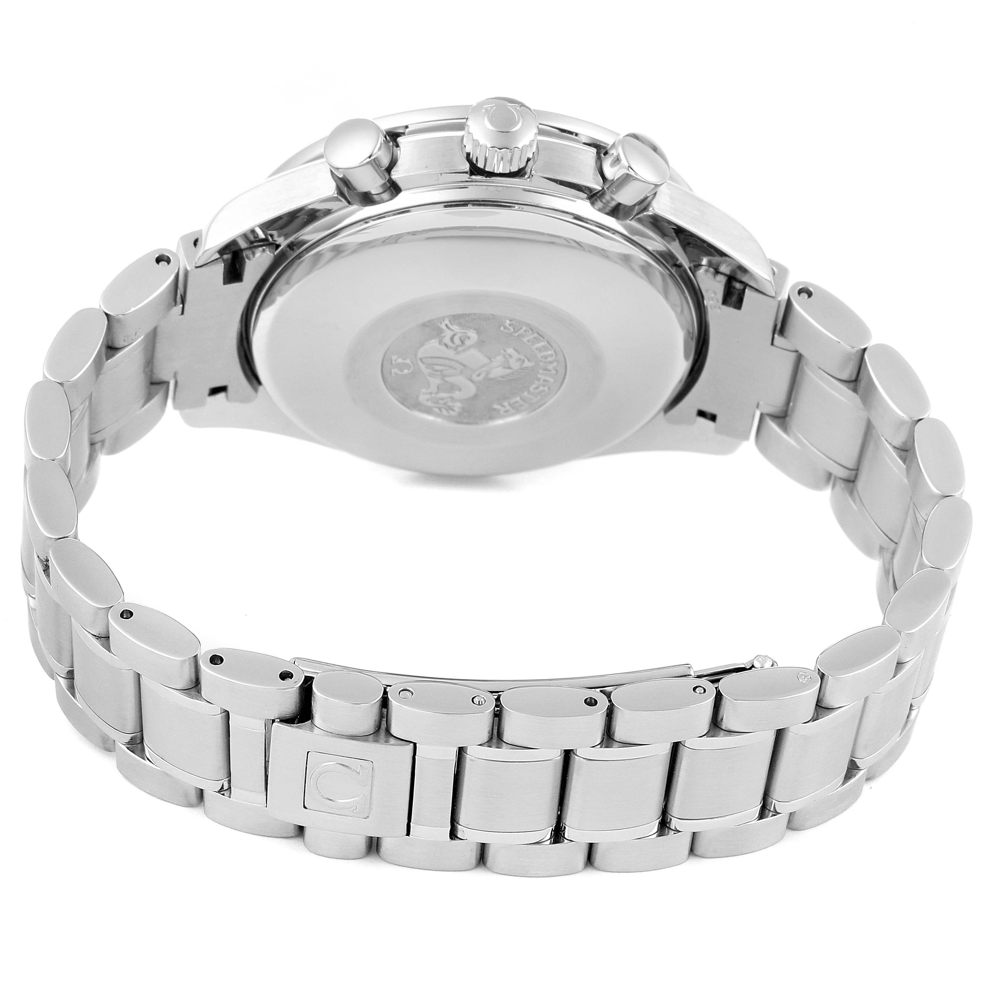 The image shows the back view of the Omega Speedmaster 3521.80.00 Men
s Stainless Steel Blue Dial 3521.80.00 Men
s Stainless Steel Blue Dial watch, highlighting its stainless steel case back, bracelet, and clasp.