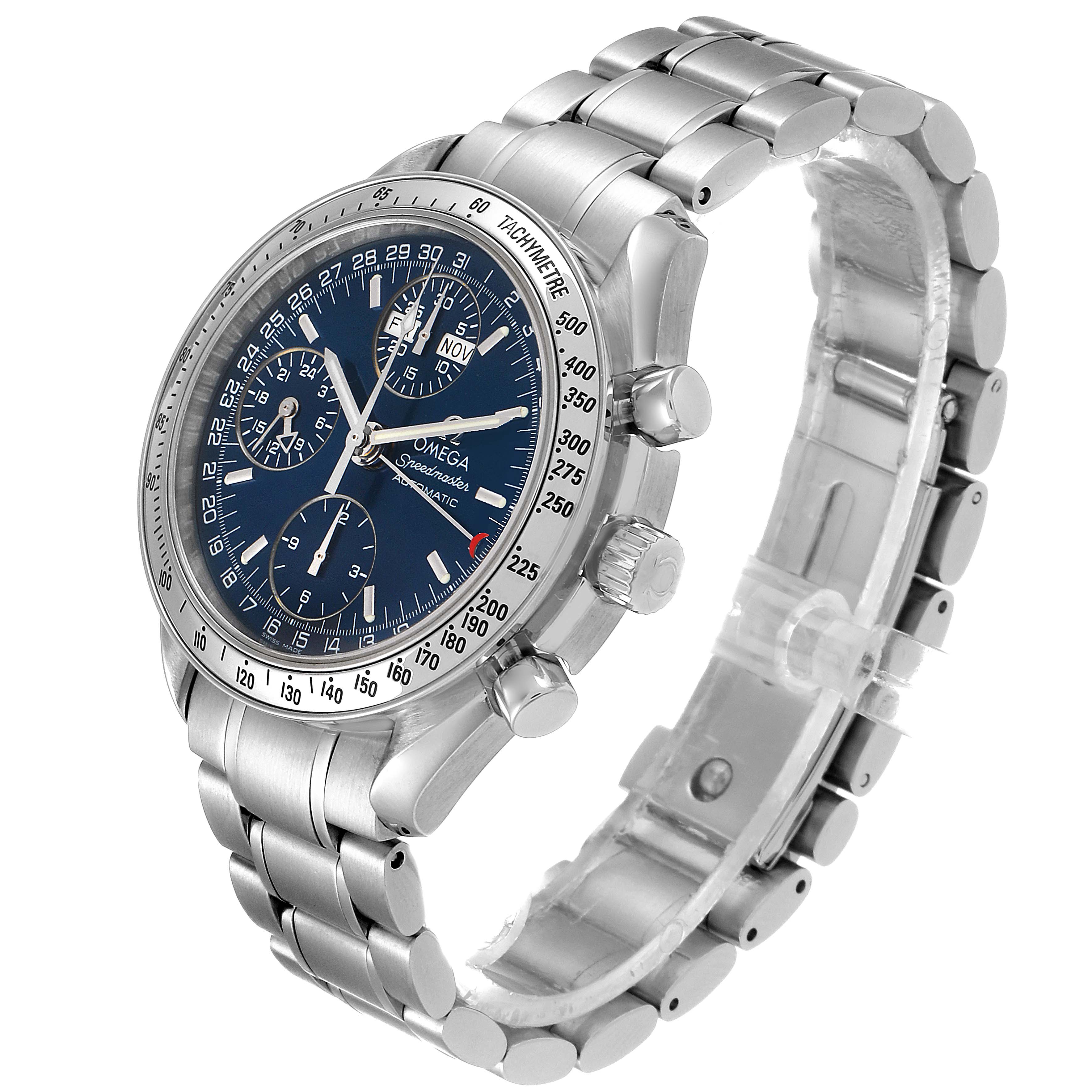 The Omega Speedmaster 3521.80.00 Men
s Stainless Steel Blue Dial 3521.80.00 Men
s Stainless Steel Blue Dial watch is shown at an angle displaying its face, bezel, pushers, crown, and metallic bracelet.