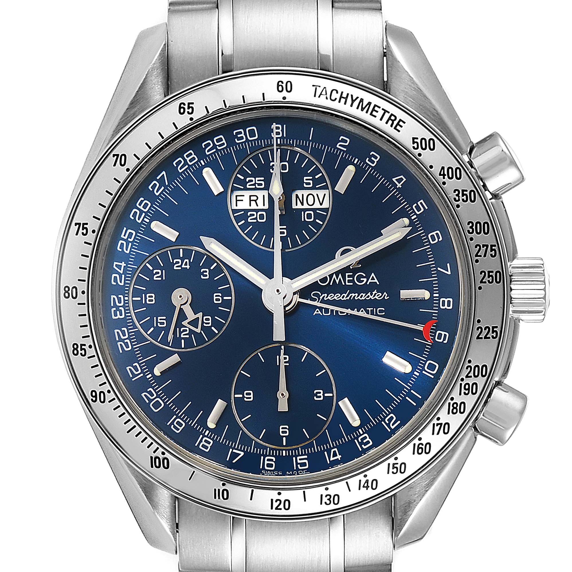 This is a frontal view of an Omega Speedmaster 3521.80.00 Men
s Stainless Steel Blue Dial 3521.80.00 Men
s Stainless Steel Blue Dial watch showcasing its blue dial, chronograph subdials, and tachymeter bezel.