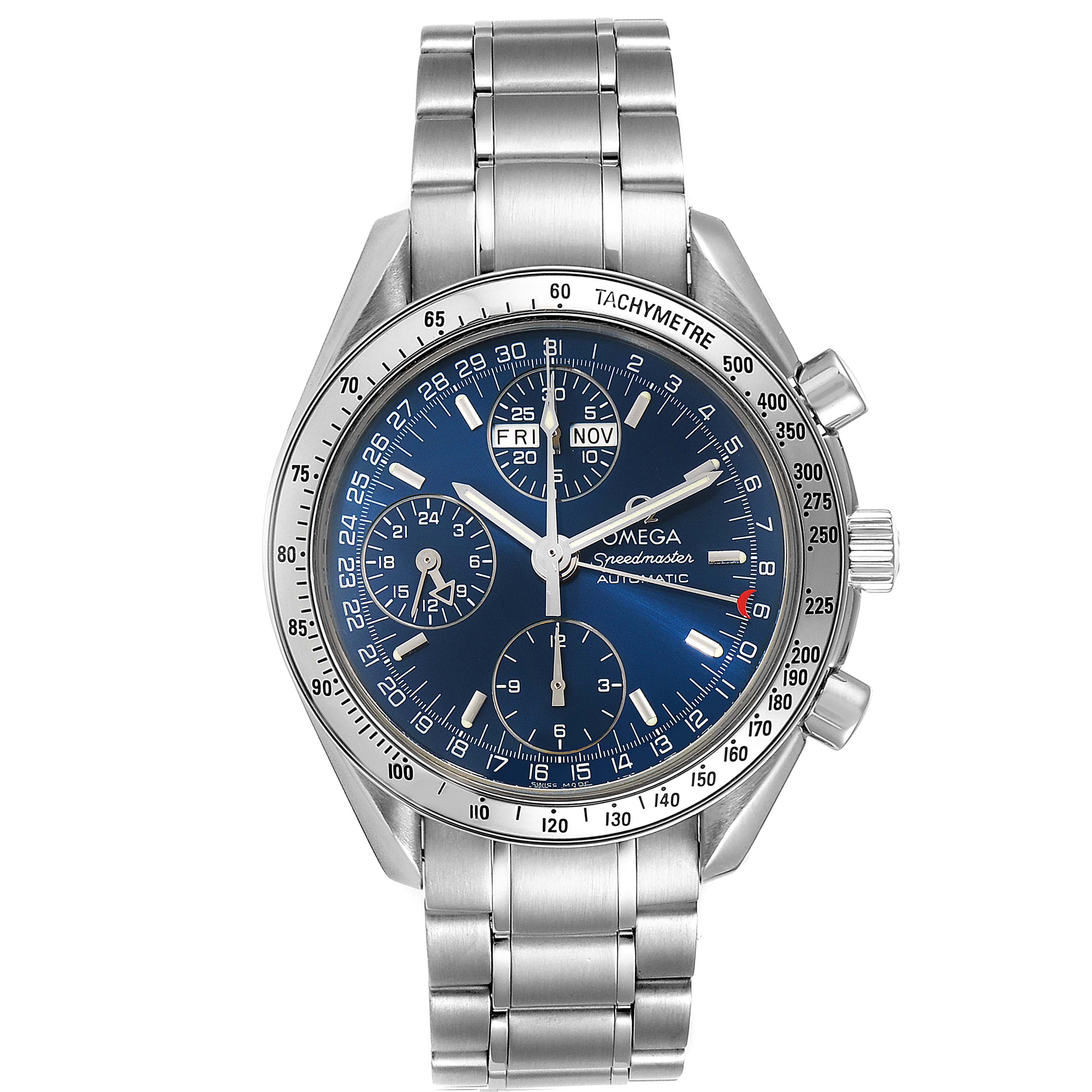 The image shows a front view of the Omega Speedmaster 3521.80.00 Men
s Stainless Steel Blue Dial 3521.80.00 Men
s Stainless Steel Blue Dial watch, displaying its face, dial, hands, subdials, and stainless steel bracelet.