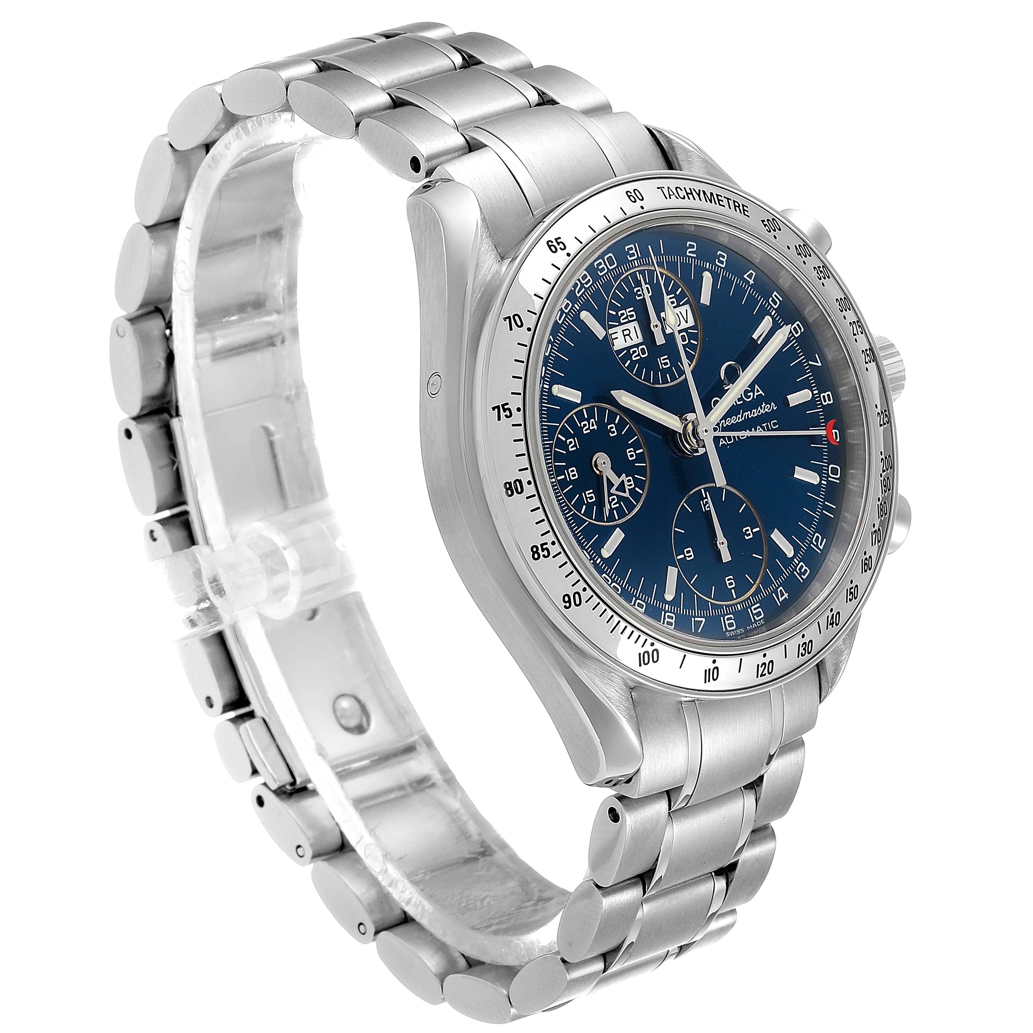 The Omega Speedmaster 3521.80.00 Men
s Stainless Steel Blue Dial 3521.80.00 Men
s Stainless Steel Blue Dial watch is shown at an angle displaying the face, bezel, buttons, and metal bracelet.