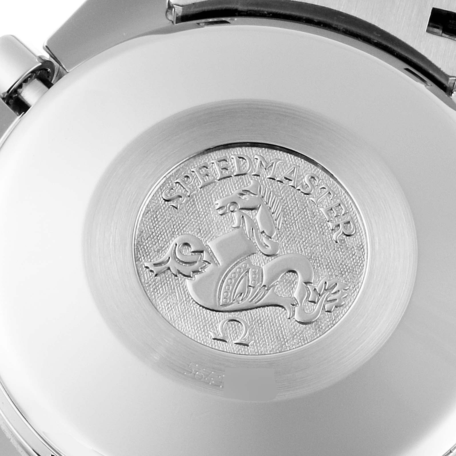 This image shows the case back of an Omega Speedmaster 3521.80.00 Men
s Stainless Steel Blue Dial 3521.80.00 Men
s Stainless Steel Blue Dial watch featuring an engraved emblem and the model name.