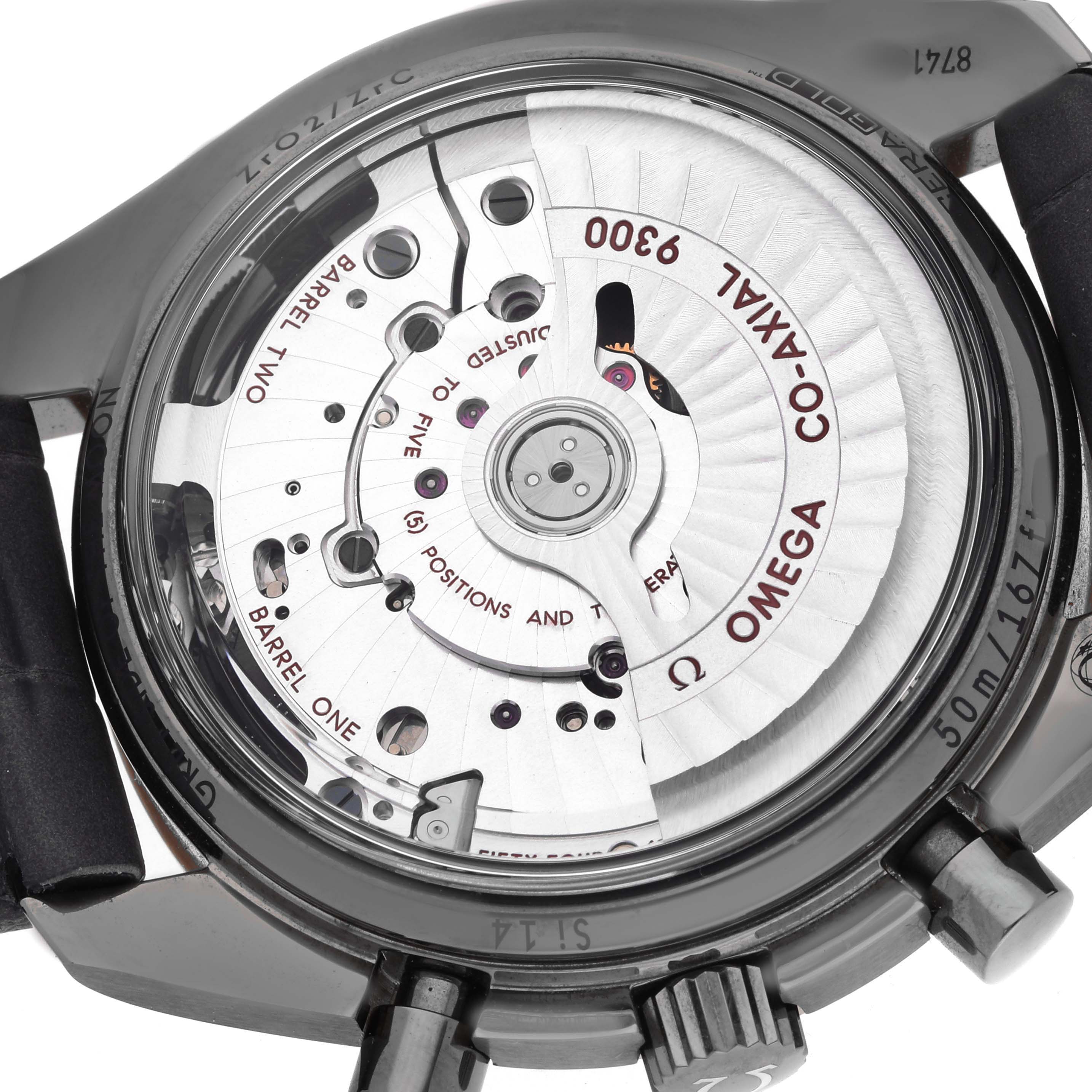 The image shows the back view of the Omega Speedmaster 311.63.44.51.99.001 Men's Ceramic Grey Dial, highlighting the Co-Axial movement and inner mechanisms.