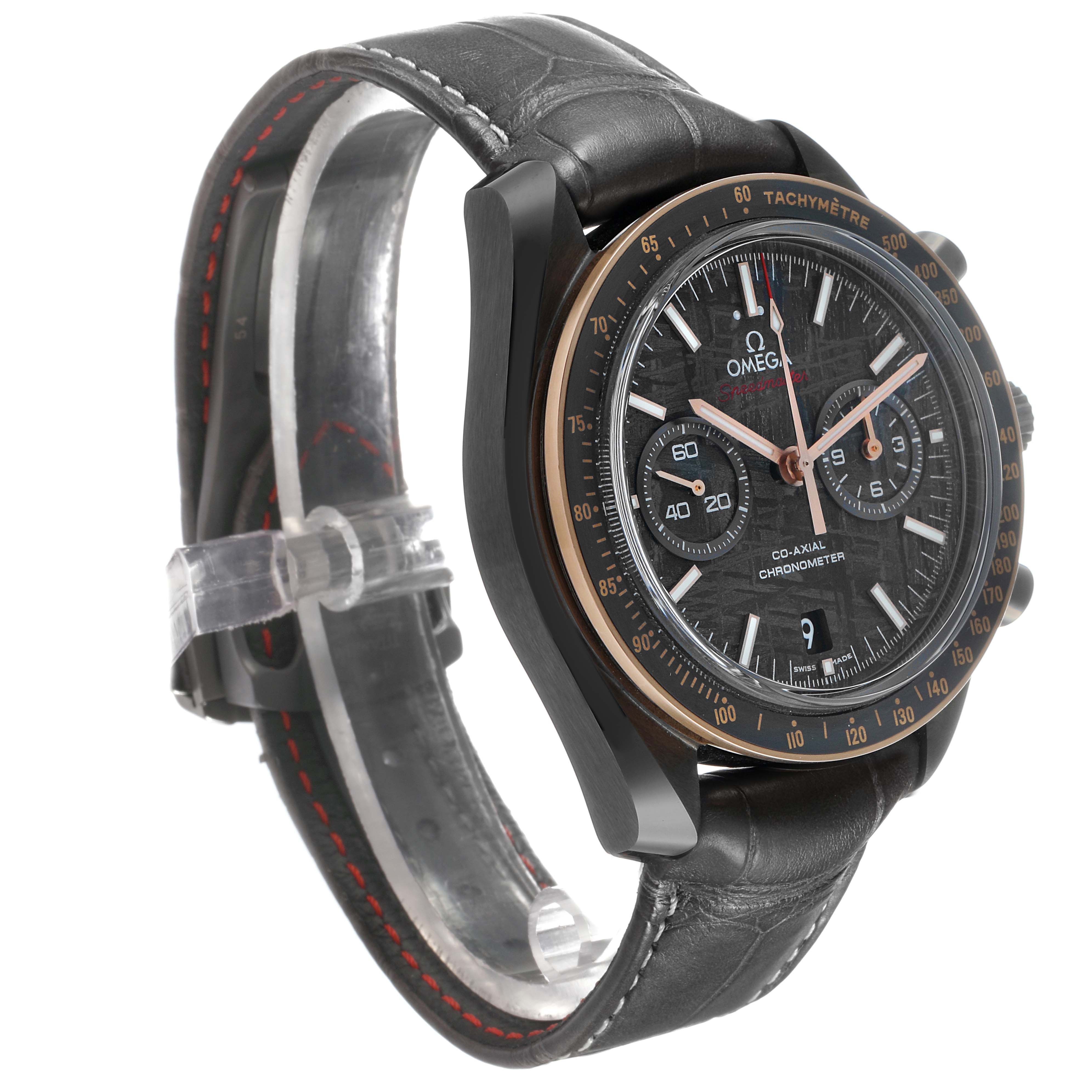 The Omega Speedmaster 311.63.44.51.99.001 Men's Ceramic Grey Dial watch is shown at a three-quarter angle, highlighting the face, bezel, and strap.