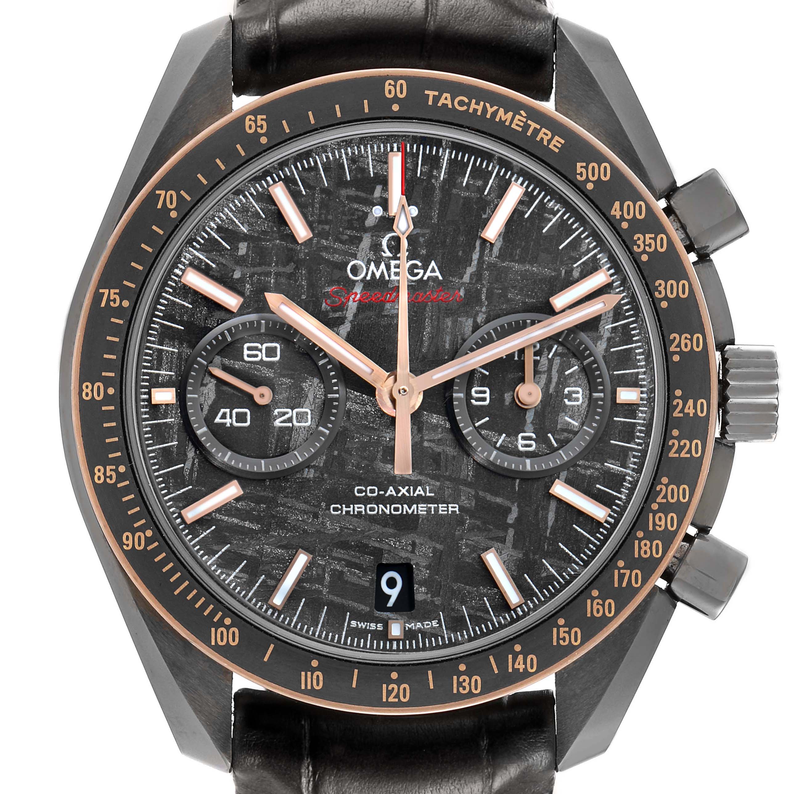 The Omega Speedmaster 311.63.44.51.99.001 Men's Ceramic Grey Dial watch is shown from the front, highlighting the dial, hands, subdials, and tachymeter bezel.