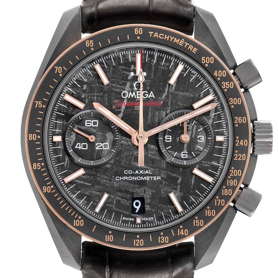 The Omega Speedmaster 311.63.44.51.99.001 Men's Ceramic Grey Dial watch is shown from the front, highlighting the dial, hands, subdials, and tachymeter bezel.