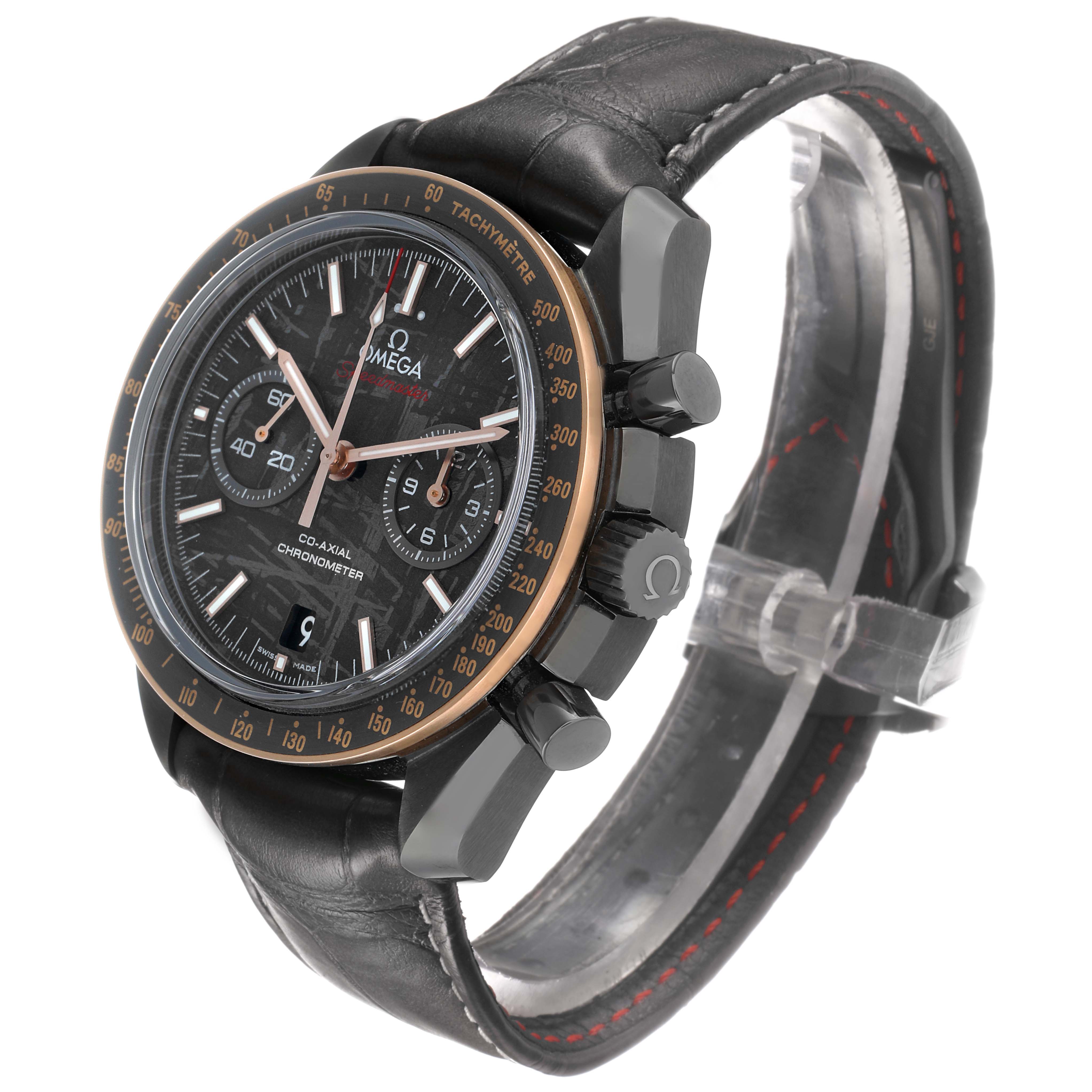 The Omega Speedmaster 311.63.44.51.99.001 Men's Ceramic Grey Dial watch is shown at an angled side view, highlighting the face, crown, pushers, and leather strap.