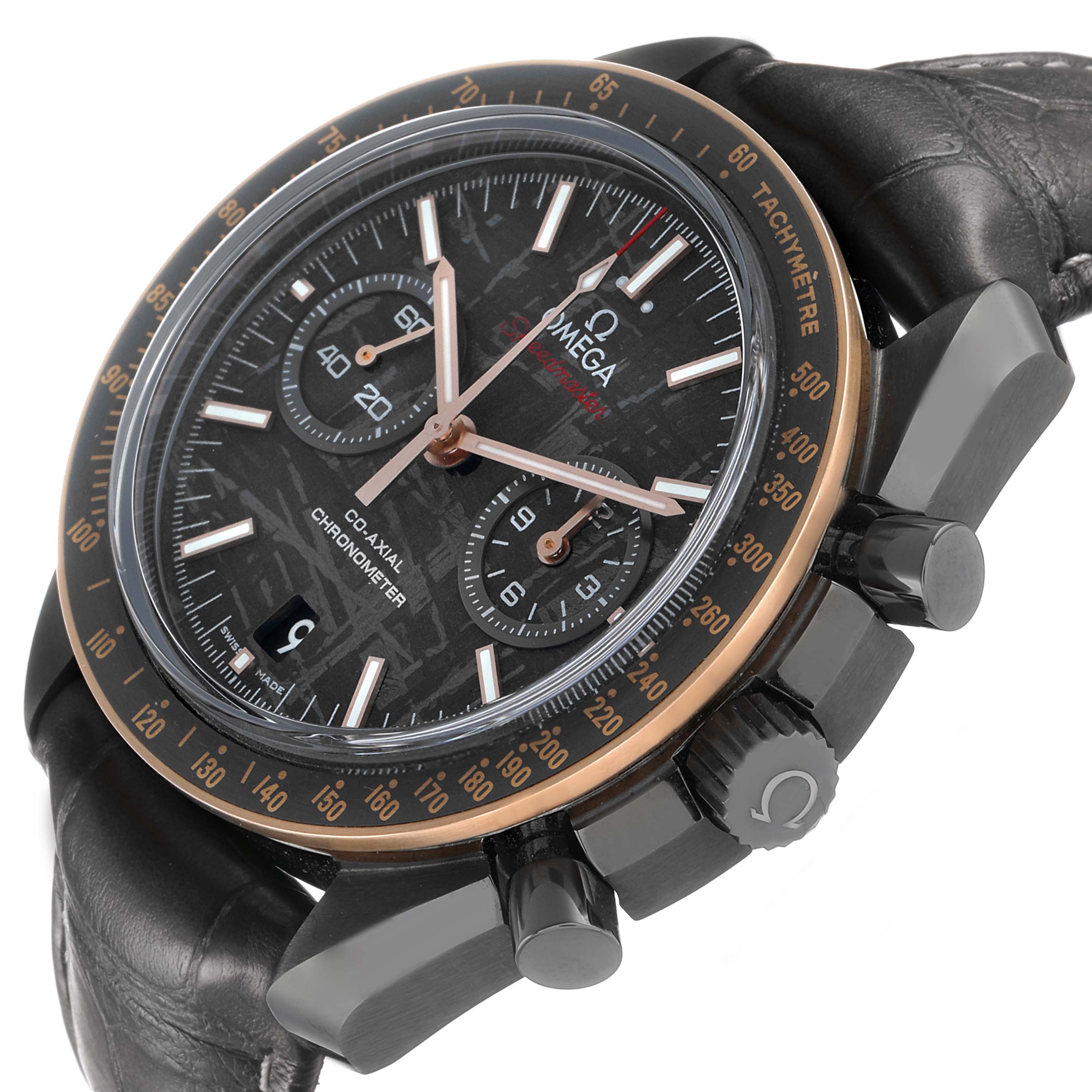 The Omega Speedmaster 311.63.44.51.99.001 Men's Ceramic Grey Dial watch is shown at a slight angle, highlighting the tachymeter bezel, dial, subdials, and crown.