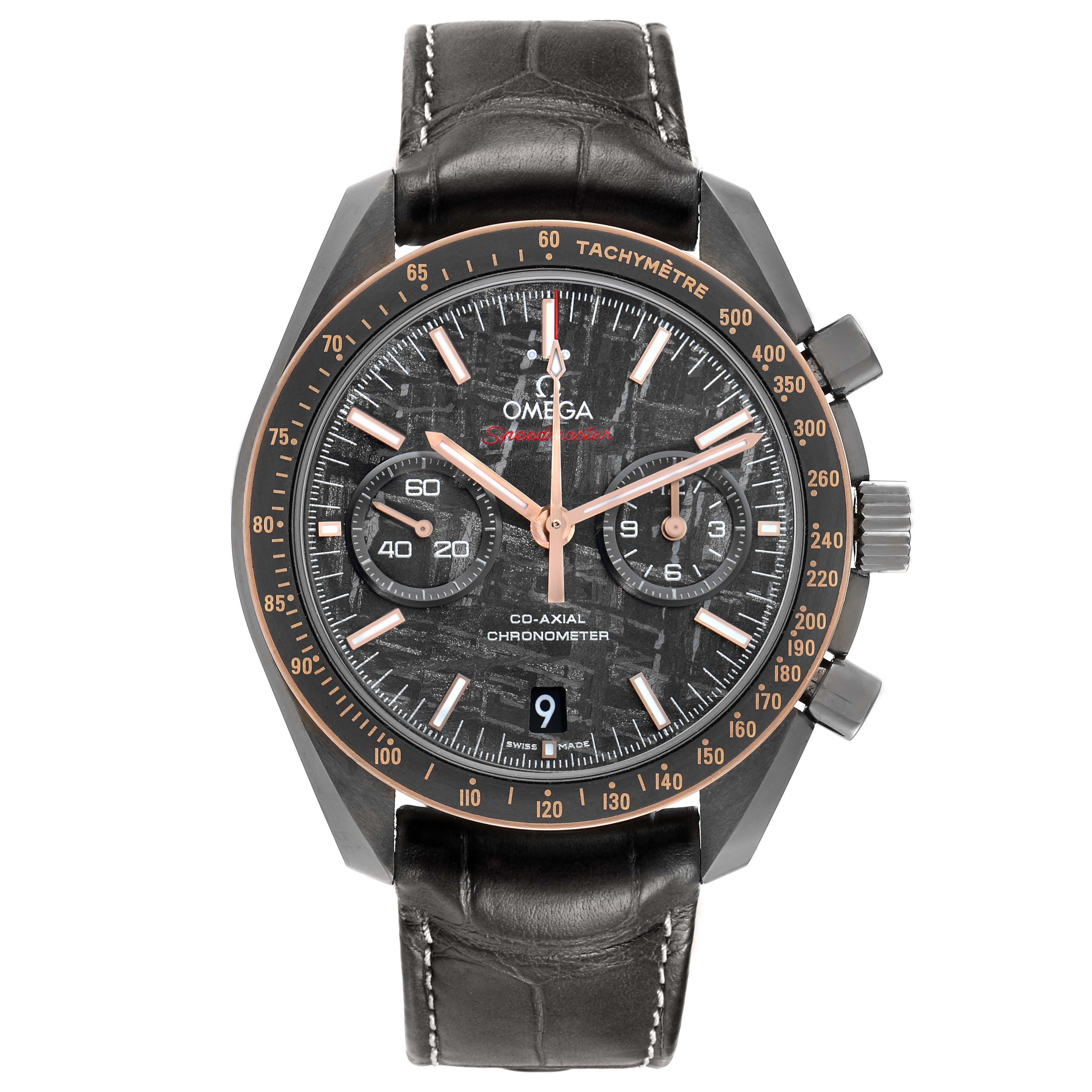 The Omega Speedmaster 311.63.44.51.99.001 Men's Ceramic Grey Dial watch is shown from a top-down angle, displaying its dial, bezel, and leather strap.